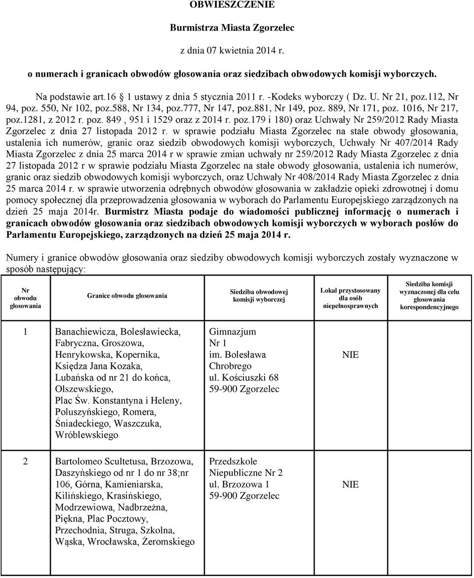 1281, z 2012 r. poz. 849, 951 i 1529 oraz z 2014 r. poz.179 i 180) oraz Uchwały 59/2012 Rady Miasta Zgorzelec z dnia 27 listopada 2012 r.