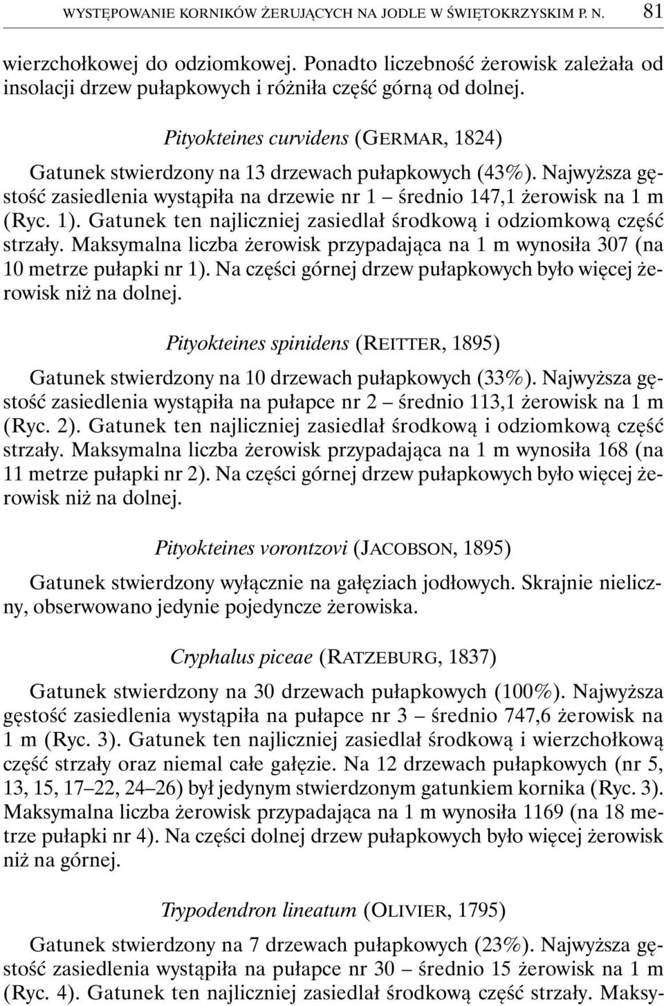 Gatunek ten najliczniej zasiedlał środkową i odziomkową część strzały. Maksymalna liczba żerowisk przypadająca na 1 m wynosiła 307 (na 10 metrze pułapki nr 1).