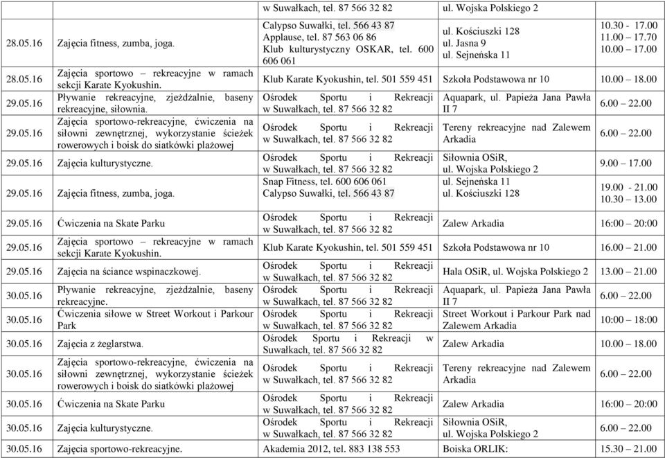 00 18.00 Snap Fitness, tel. 600 Siłownia OSiR, ul. Wojska Polskiego 2 9.00 17.00 19.00-21.00 10.30 13.00 Zalew 16:00 20:00 Klub Karate Kyokushin, tel. 501 559 451 Szkoła Podstawowa nr 10 16.00 21.