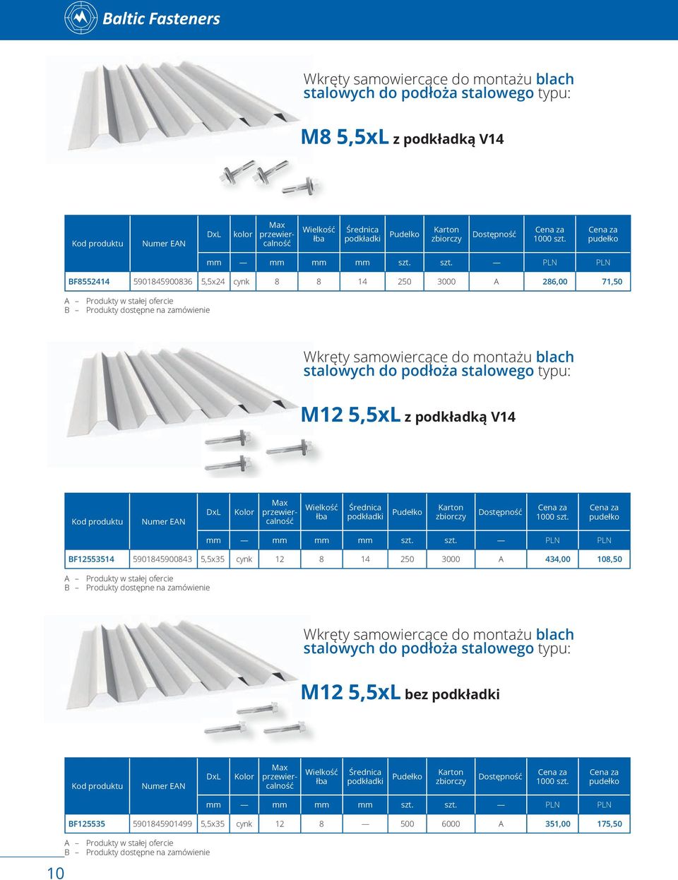 typu: M12 5,5xL z podkładką V14 BF12553514 5901845900843 5,5x35 cynk 12 8 14 250 3000 a 434,00 108,50 wkręty samowiercące do