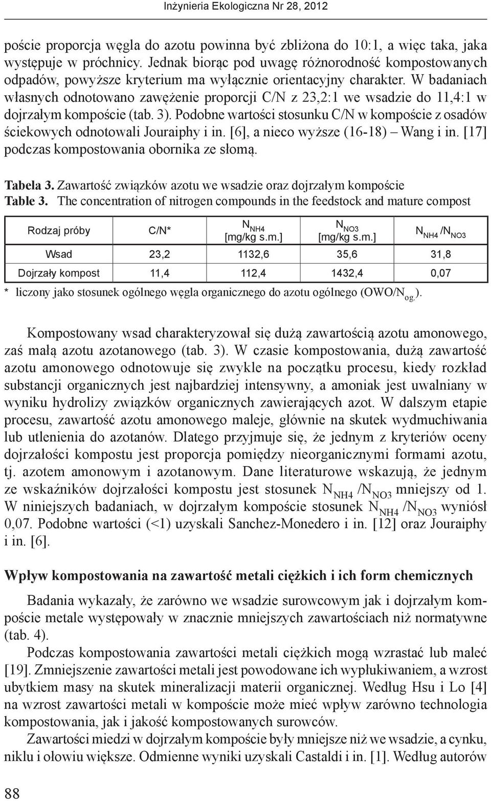 W badaniach własnych odnotowano zawężenie proporcji C/N z 23,2:1 we wsadzie do 11,4:1 w dojrzałym kompoście (tab. 3).