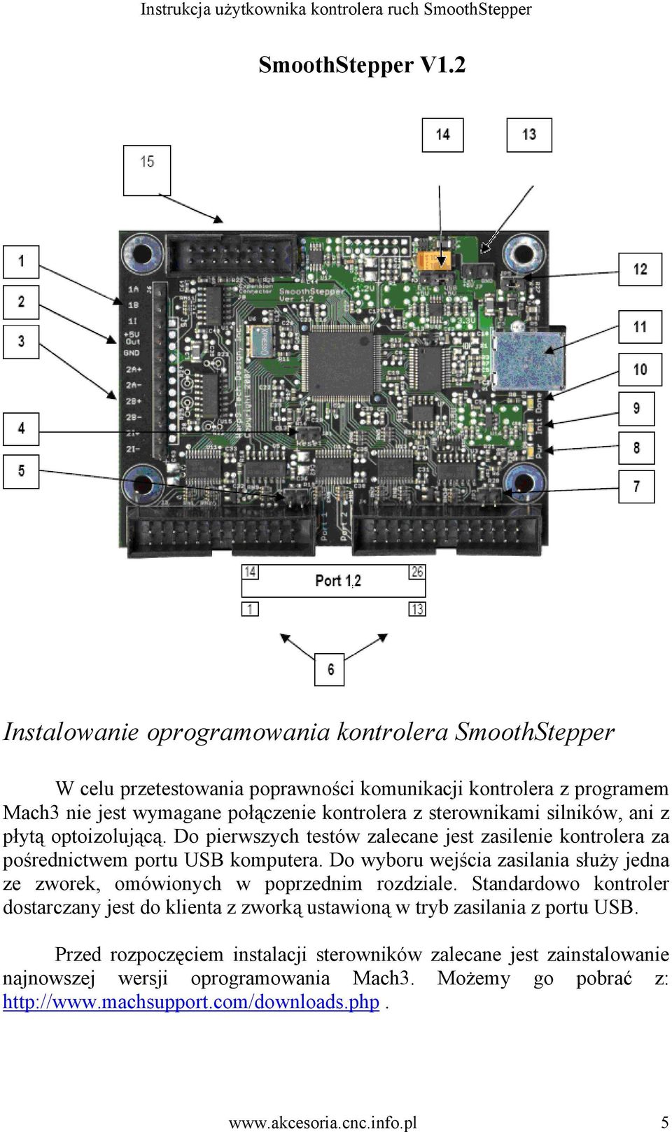sterownikami silników, ani z płytą optoizolującą. Do pierwszych testów zalecane jest zasilenie kontrolera za pośrednictwem portu USB komputera.