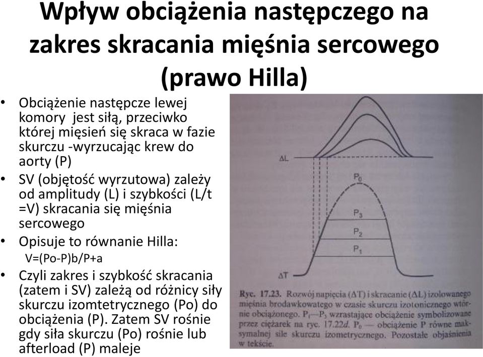 szybkości (L/t =V) skracania się mięśnia sercowego Opisuje to równanie Hilla: V=(Po-P)b/P+a Czyli zakres i szybkość skracania (zatem i