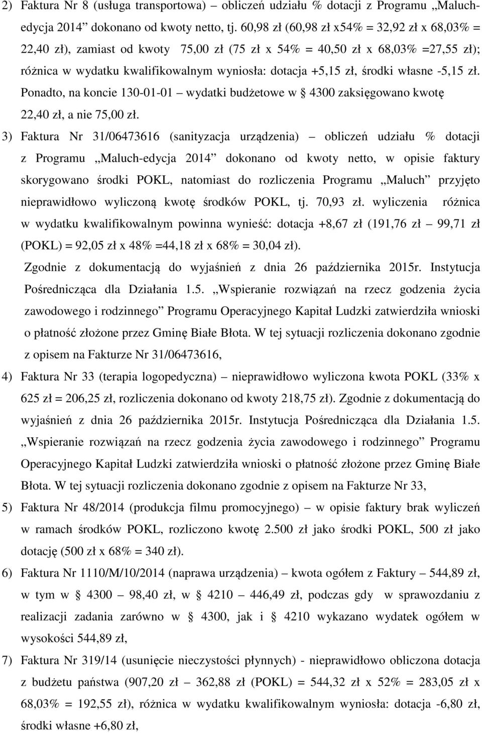 własne -5,15 zł. Ponadto, na koncie 130-01-01 wydatki budżetowe w 4300 zaksięgowano kwotę 22,40 zł, a nie 75,00 zł.