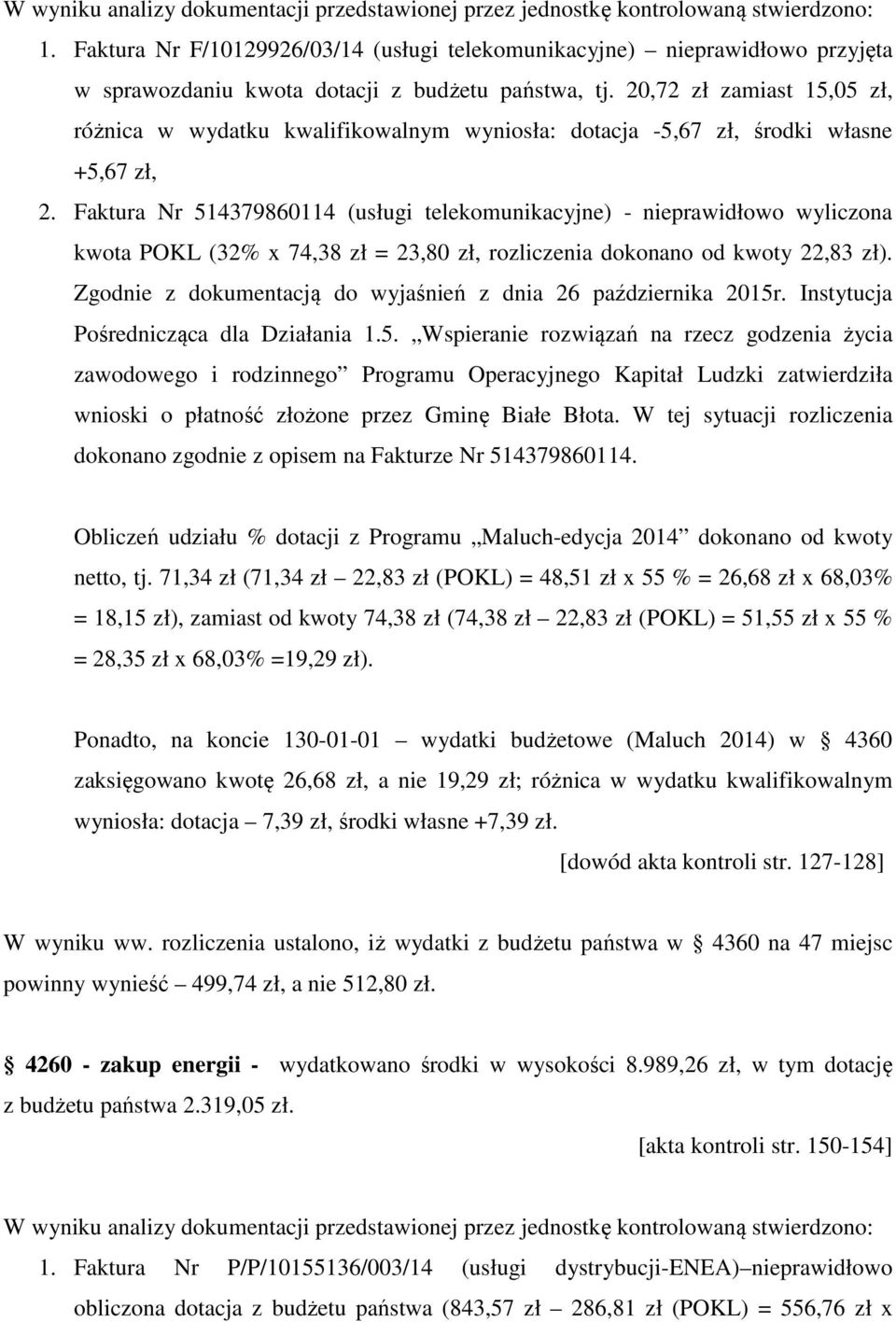 20,72 zł zamiast 15,05 zł, różnica w wydatku kwalifikowalnym wyniosła: dotacja -5,67 zł, środki własne +5,67 zł, 2.