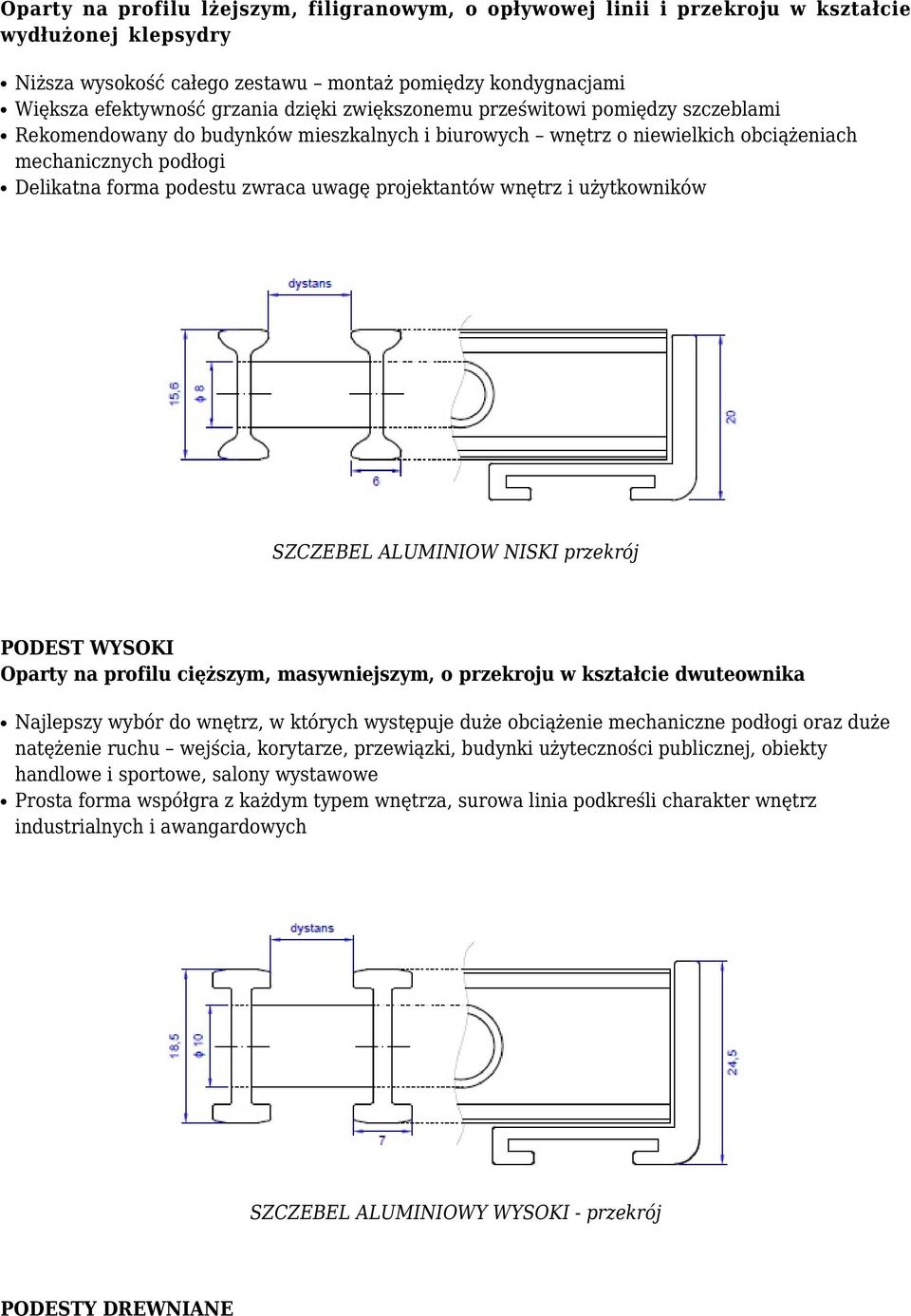 projektantów wnętrz i użytkowników SZCZEBEL ALUMINIOW NISKI przekrój PODEST WYSOKI Oparty na profilu cięższym, masywniejszym, o przekroju w kształcie dwuteownika Najlepszy wybór do wnętrz, w których