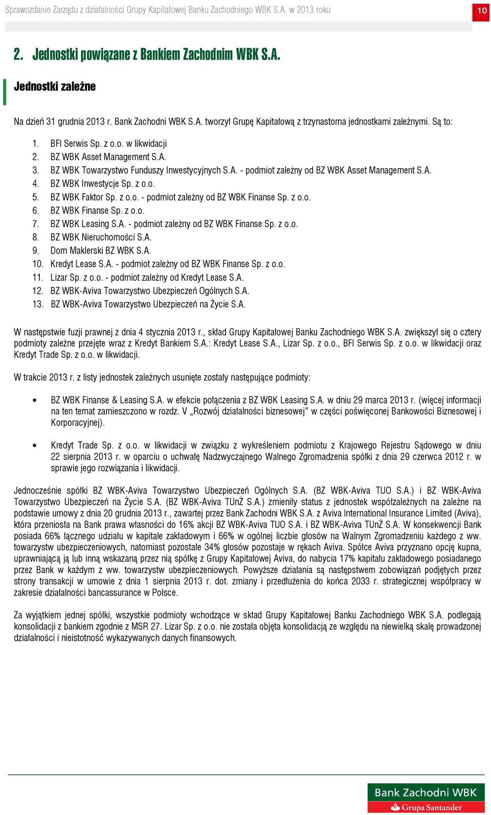 BZ WBK Faktor Sp. z o.o. - podmiot zależny od BZ WBK Finanse Sp. z o.o. 6. BZ WBK Finanse Sp. z o.o. 7. BZ WBK Leasing S.A. - podmiot zależny od BZ WBK Finanse Sp. z o.o. 8. BZ WBK Nieruchomości S.A. 9.