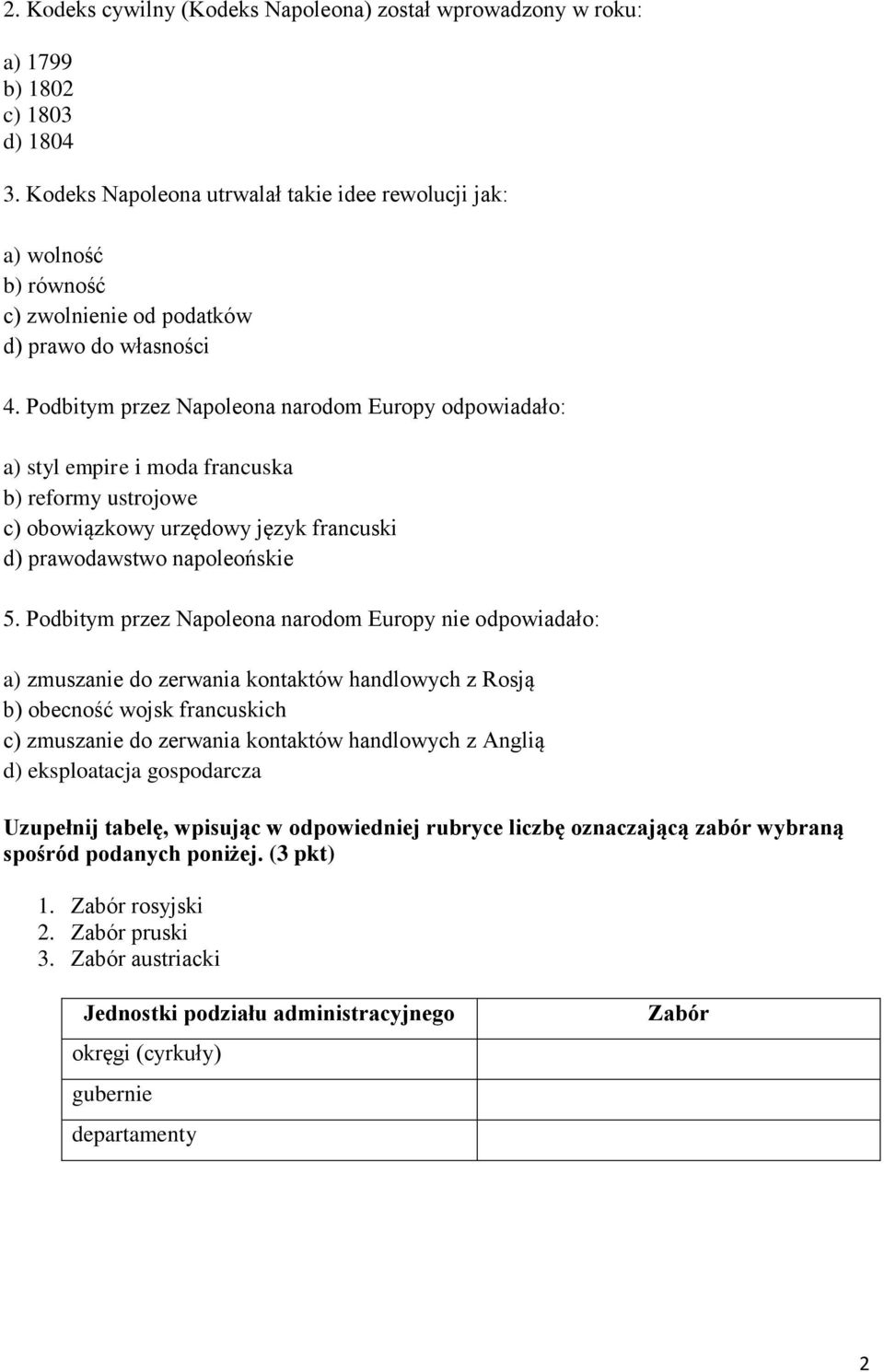 Podbitym przez Napoleona narodom Europy odpowiadało: a) styl empire i moda francuska b) reformy ustrojowe c) obowiązkowy urzędowy język francuski d) prawodawstwo napoleońskie 5.