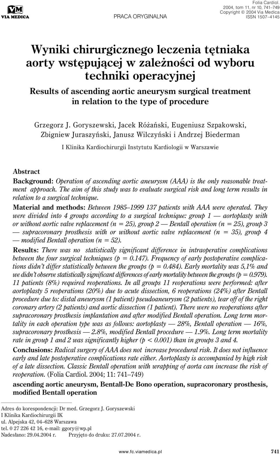 aneurysm surgical treatment in relation to the type of procedure Grzegorz J.