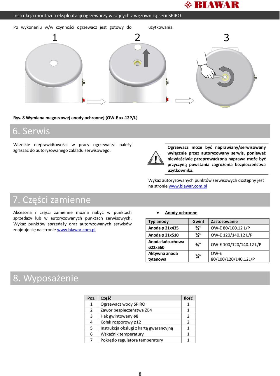 Akcesoria i części zamienne można nabyć w punktach sprzedaży lub w autoryzowanych punktach serwisowych. Wykaz punktów sprzedaży oraz autoryzowanych serwisów znajduje się na stronie www.biawar.com.