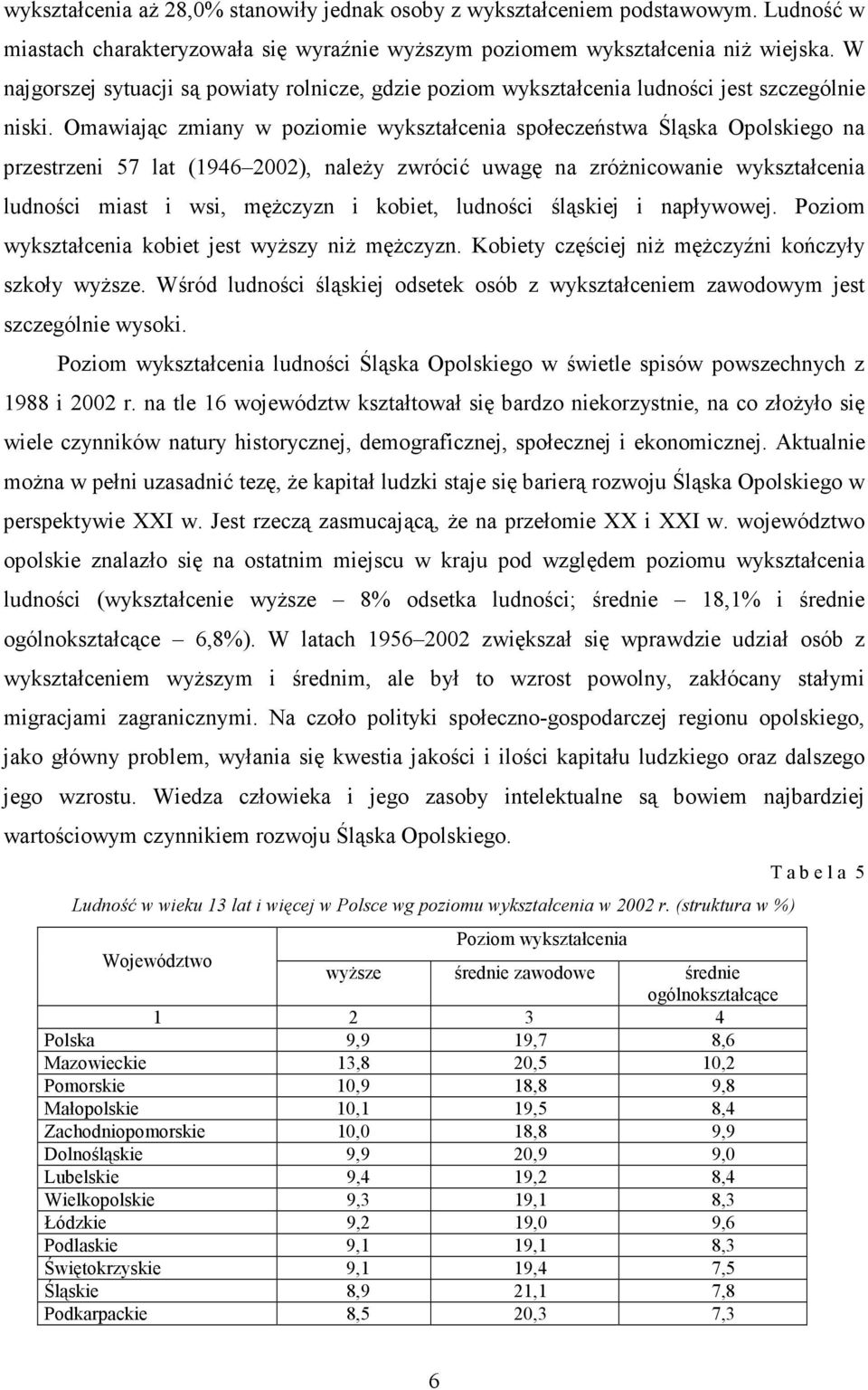 Omawiając zmiany w poziomie wykształcenia społeczeństwa Śląska Opolskiego na przestrzeni 57 lat (1946 2002), należy zwrócić uwagę na zróżnicowanie wykształcenia ludności miast i wsi, mężczyzn i