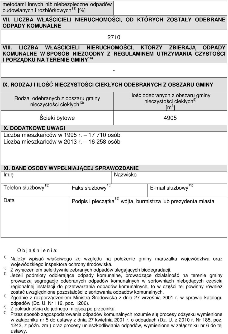 RODZAJ I ILOŚĆ NIECZYSTOŚCI CIEKŁYCH ODEBRANYCH Z OBSZARU GMINY z obszaru gminy nieczystości ciekłych 13) Ilość z obszaru gminy nieczystości ciekłych 5) [m 3 ] Ścieki bytowe 4905 X.