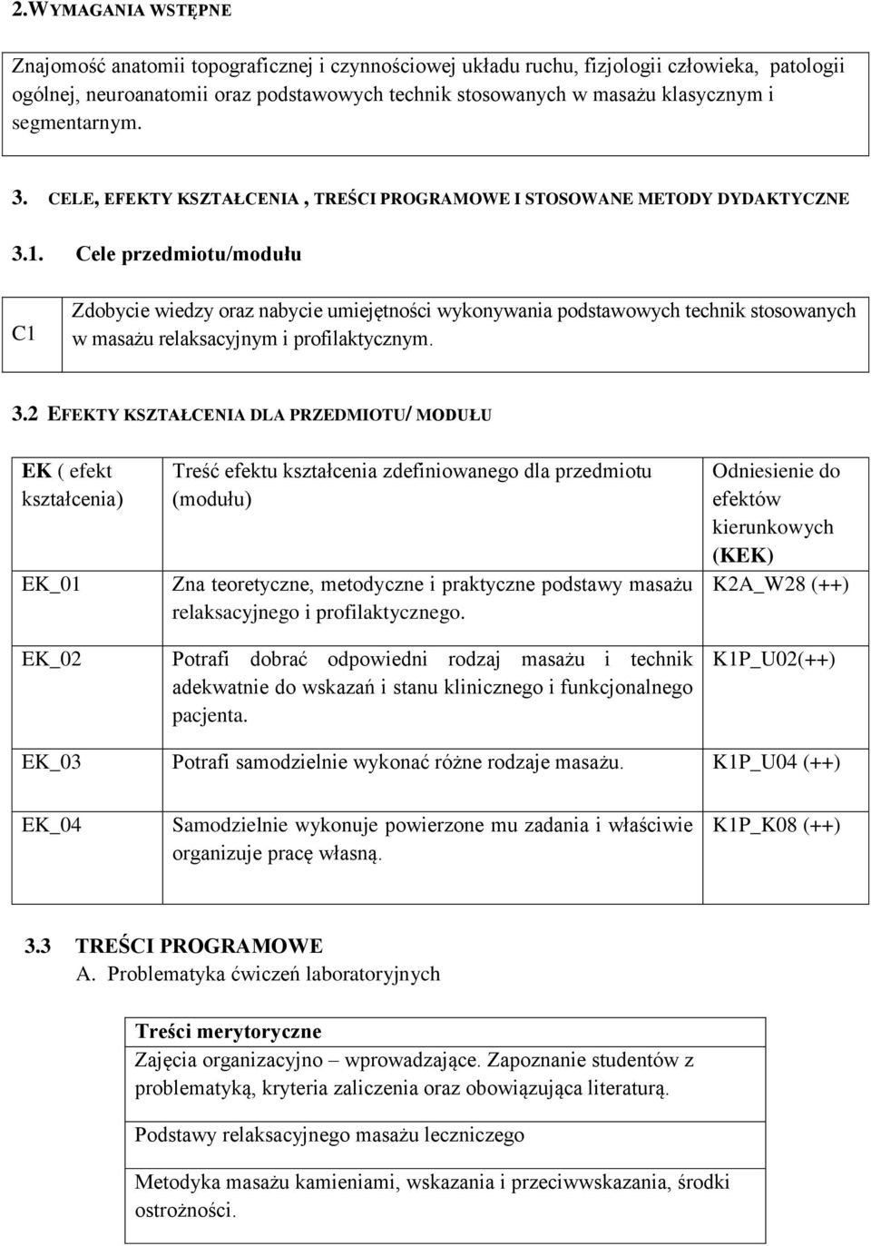 Cele przedmiotu/modułu C1 Zdobycie wiedzy oraz nabycie umiejętności wykonywania podstawowych technik stosowanych w masażu relaksacyjnym i profilaktycznym. 3.