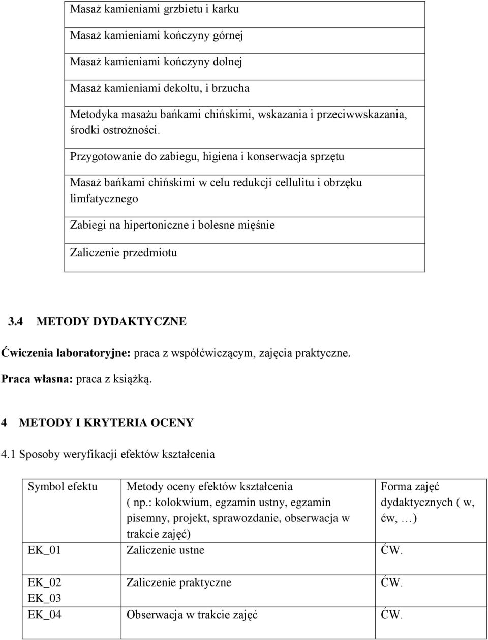 Przygotowanie do zabiegu, higiena i konserwacja sprzętu Masaż bańkami chińskimi w celu redukcji cellulitu i obrzęku limfatycznego Zabiegi na hipertoniczne i bolesne mięśnie Zaliczenie przedmiotu 3.