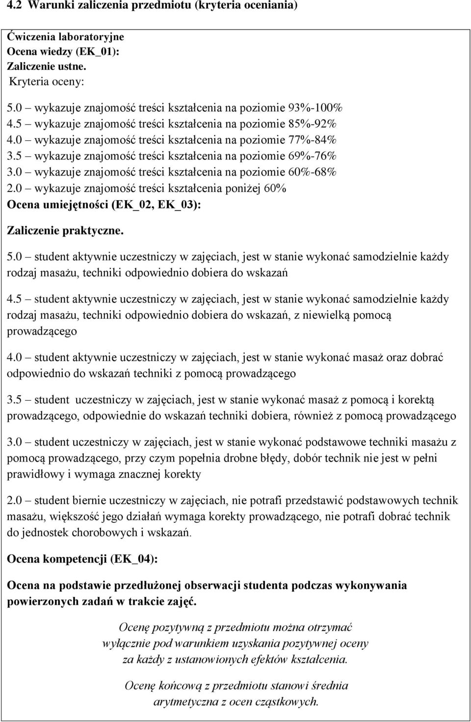 0 wykazuje znajomość treści kształcenia na poziomie 60%-68% 2.0 wykazuje znajomość treści kształcenia poniżej 60% Ocena umiejętności (EK_02, EK_03): Zaliczenie praktyczne. 5.