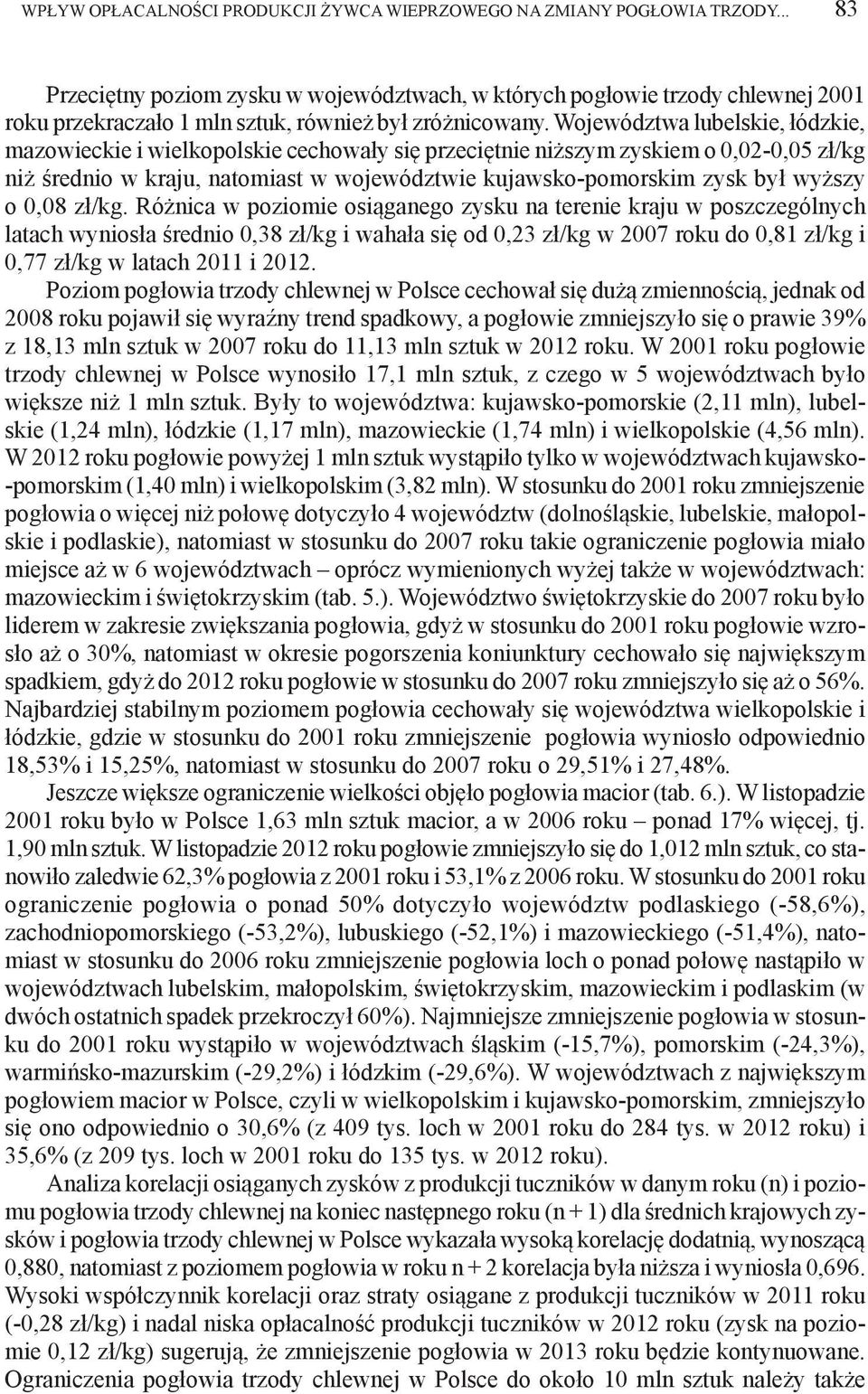 Województwa lubelskie, łódzkie, mazowieckie i wielkopolskie cechowały się przeciętnie niższym zyskiem o 0,02-0,05 zł/kg niż średnio w kraju, natomiast w województwie kujawsko-pomorskim zysk był