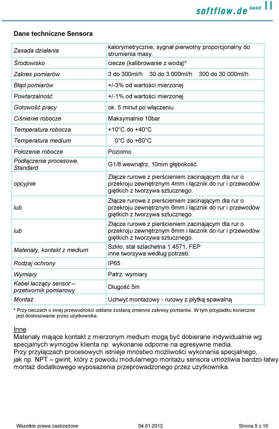 000ml/h Błąd pomiarów Powtarzalność Gotowość pracy Ciśnienie robocze Temperatura robocza Temperatura medium Położenie robocze Podłączenie procesowe, Standard opcyjnie lub lub Materiały, kontakt z