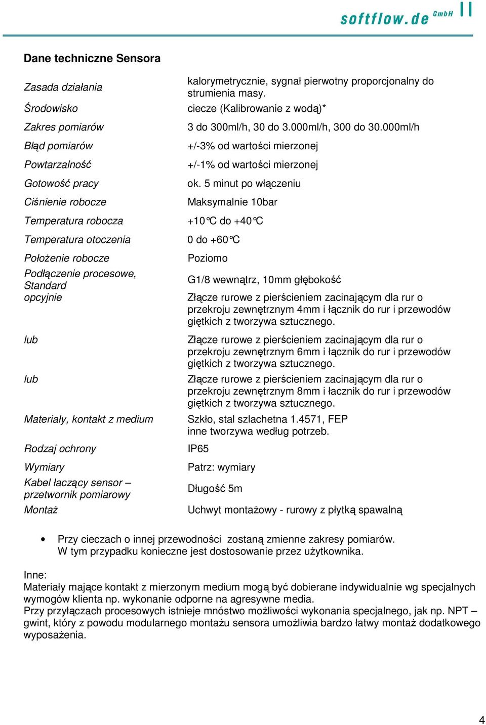 do strumienia masy. ciecze (Kalibrowanie z wodą)* 3 do 300ml/h, 30 do 3.000ml/h, 300 do 30.000ml/h +/-3% od wartości mierzonej +/-1% od wartości mierzonej ok.