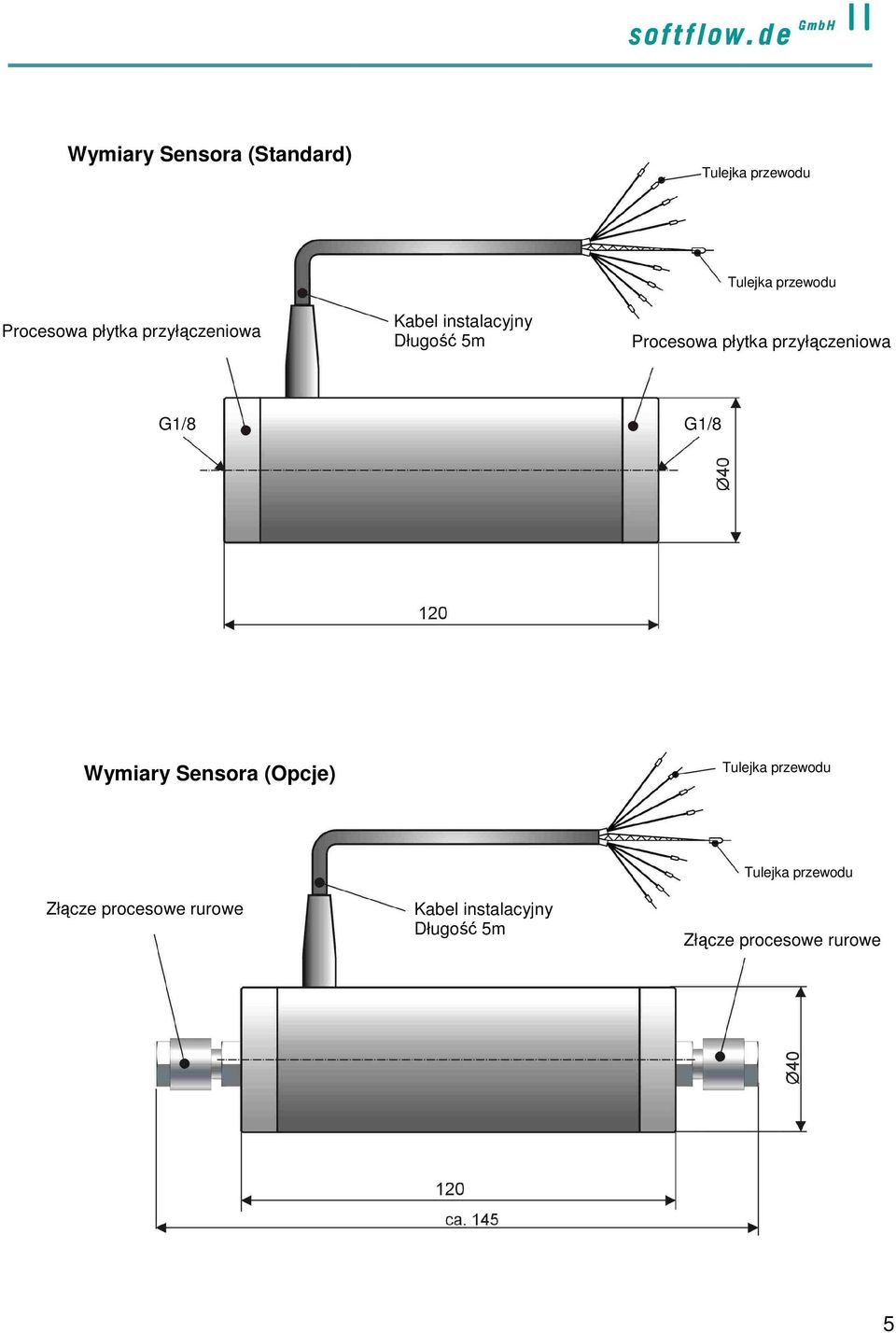 przyłączeniowa G1/8 G1/8 Wymiary Sensora (Opcje) Tulejka przewodu Złącze