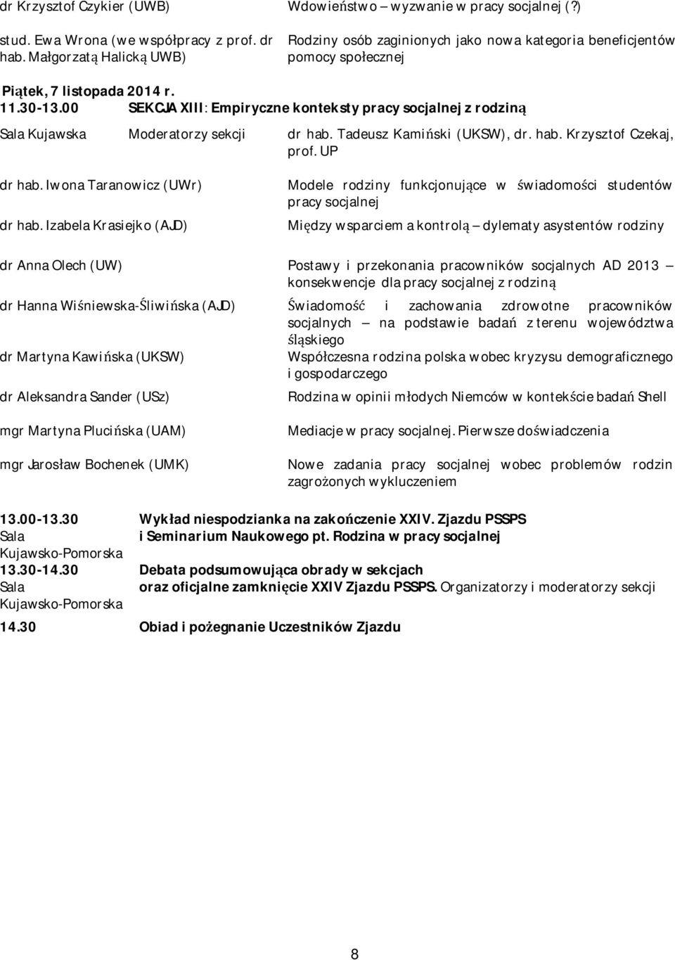 00 SEKCJA XIII: Empiryczne konteksty pracy socjalnej z rodziną Sala Kujawska Moderatorzy sekcji dr hab. Tadeusz Kamiński (UKSW), dr. hab. Krzysztof Czekaj, prof. UP dr hab.