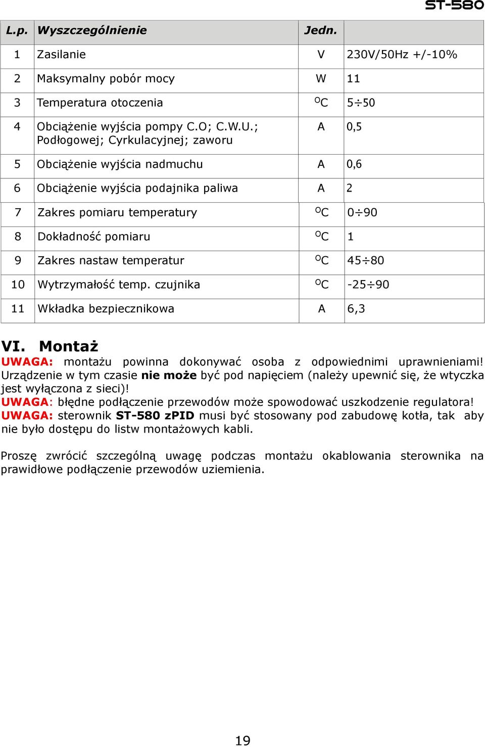 nastaw temperatur O C 45 80 10 Wytrzymałość temp. czujnika O C -25 90 11 Wkładka bezpiecznikowa A 6,3 VI. Montaż UWAGA: montażu powinna dokonywać osoba z odpowiednimi uprawnieniami!