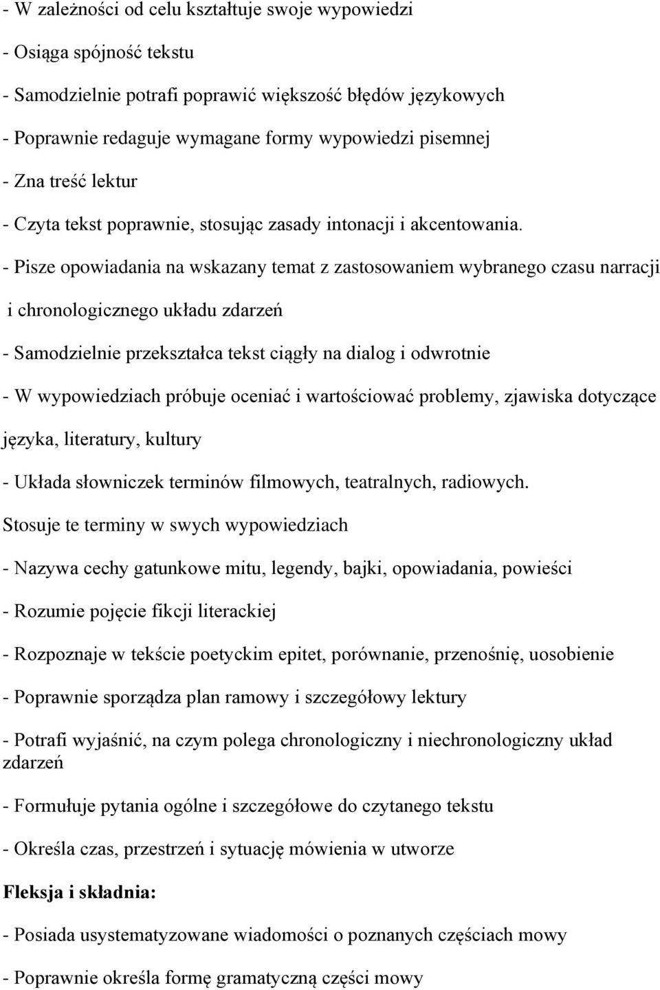 - Pisze opowiadania na wskazany temat z zastosowaniem wybranego czasu narracji i chronologicznego układu zdarzeń - Samodzielnie przekształca tekst ciągły na dialog i odwrotnie - W wypowiedziach