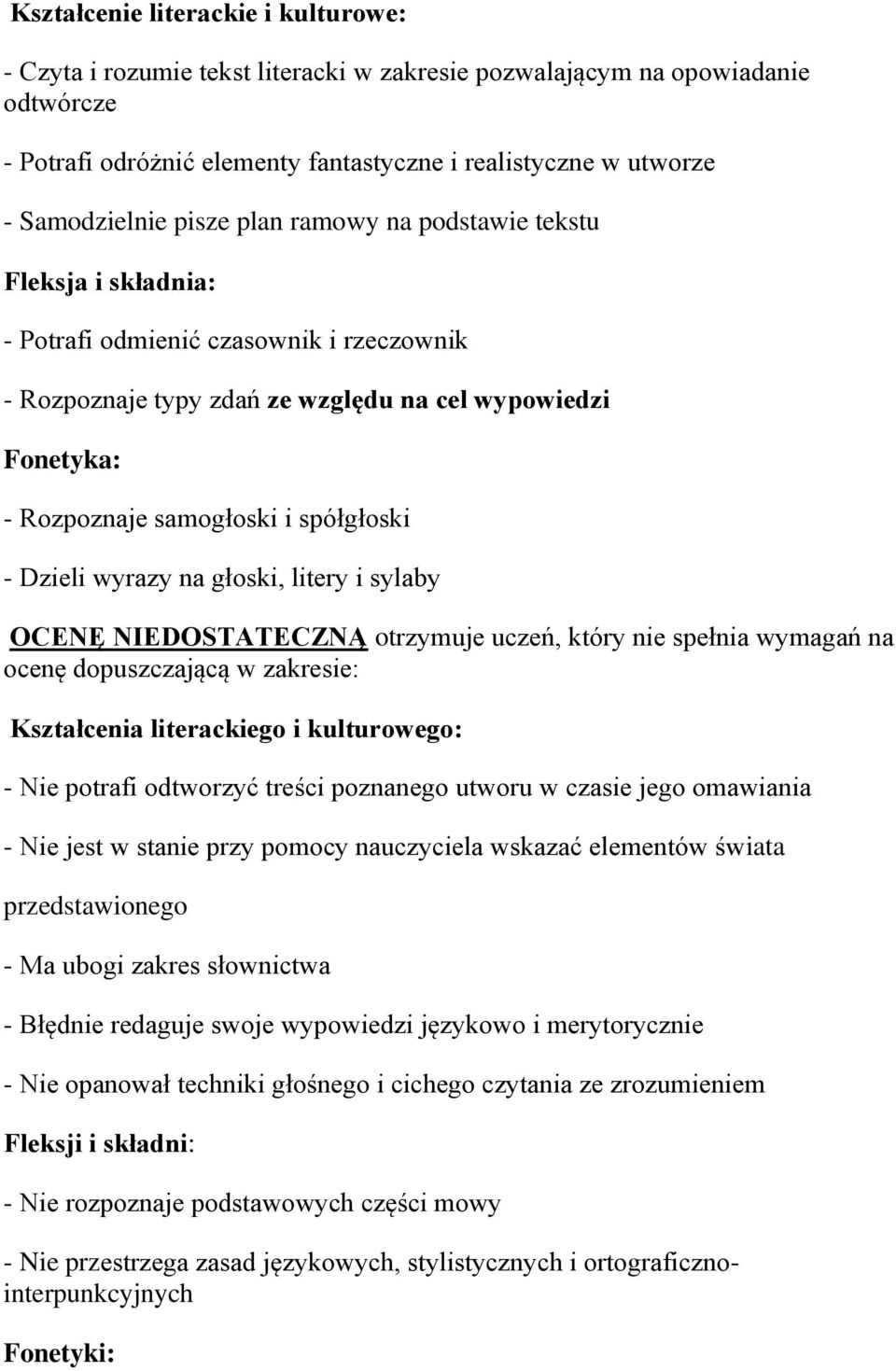 NIEDOSTATECZNĄ otrzymuje uczeń, który nie spełnia wymagań na ocenę dopuszczającą w zakresie: Kształcenia literackiego i kulturowego: - Nie potrafi odtworzyć treści poznanego utworu w czasie jego