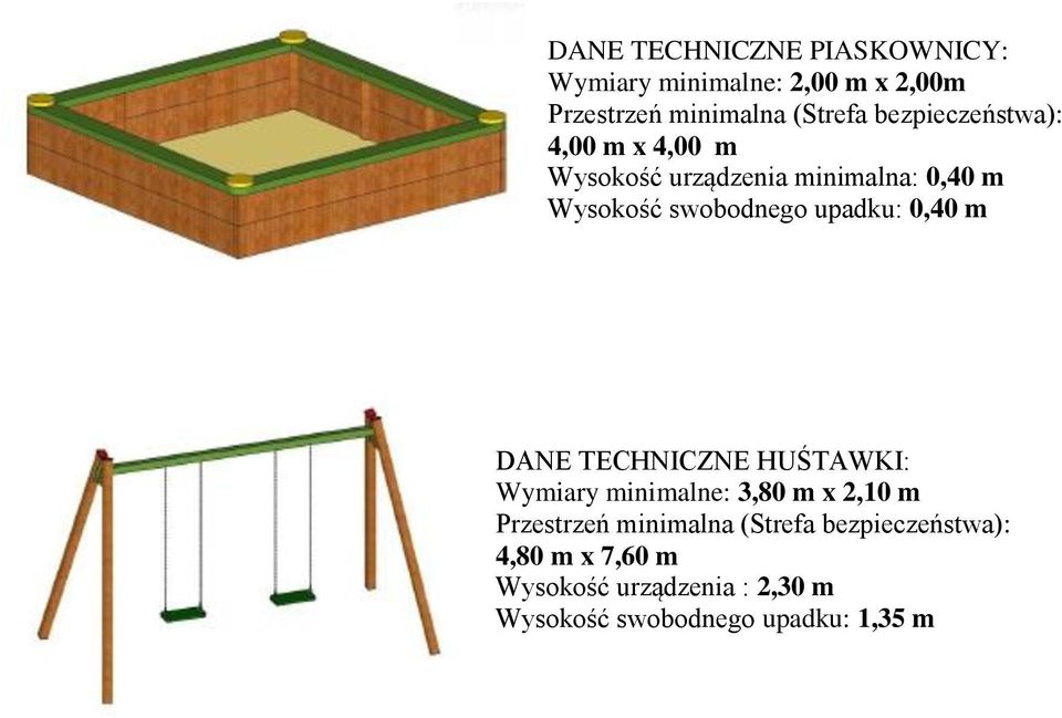 upadku: 0,40 m DANE TECHNICZNE HUŚTAWKI: Wymiary minimalne: 3,80 m x 2,10 m Przestrzeń