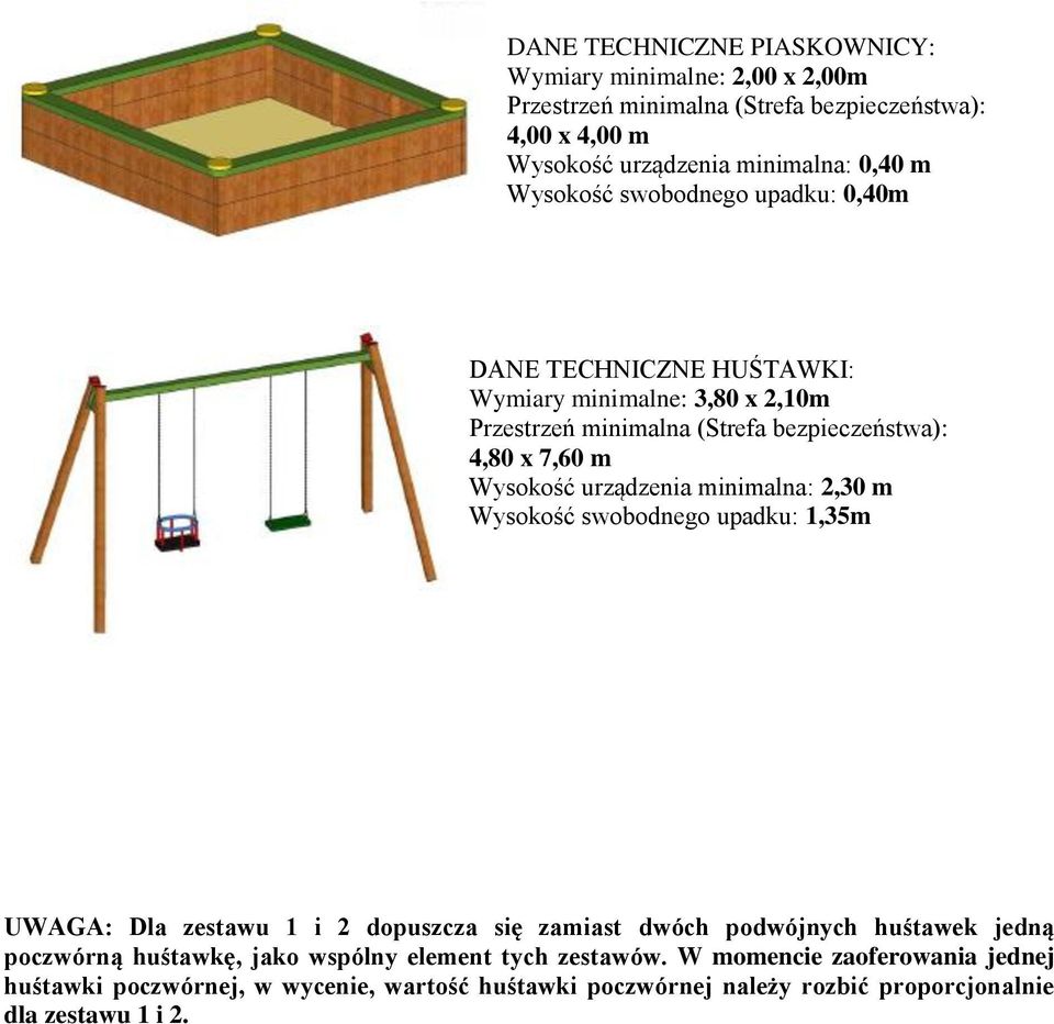 urządzenia minimalna: 2,30 m Wysokość swobodnego upadku: 1,35m UWAGA: Dla zestawu 1 i 2 dopuszcza się zamiast dwóch podwójnych huśtawek jedną poczwórną huśtawkę,