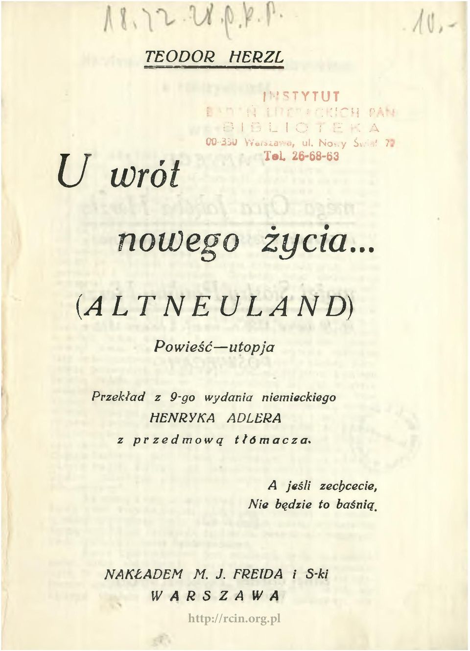 .. [ALT N EU LAND) Po wieść u top ja Przekład z 9-go wydania niemieckiego HENRYKA