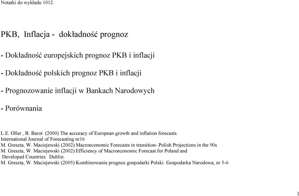 International Journal of Forecasting nr16 M. Greszta, W. Maciejewski (2002) Macroeconomic Forecasts in transition- Polish Projections in the 90s M. Greszta, W. Maciejewski (2002) Efficiency of Macroeconomic Forecast for Poland and Developed Countries.