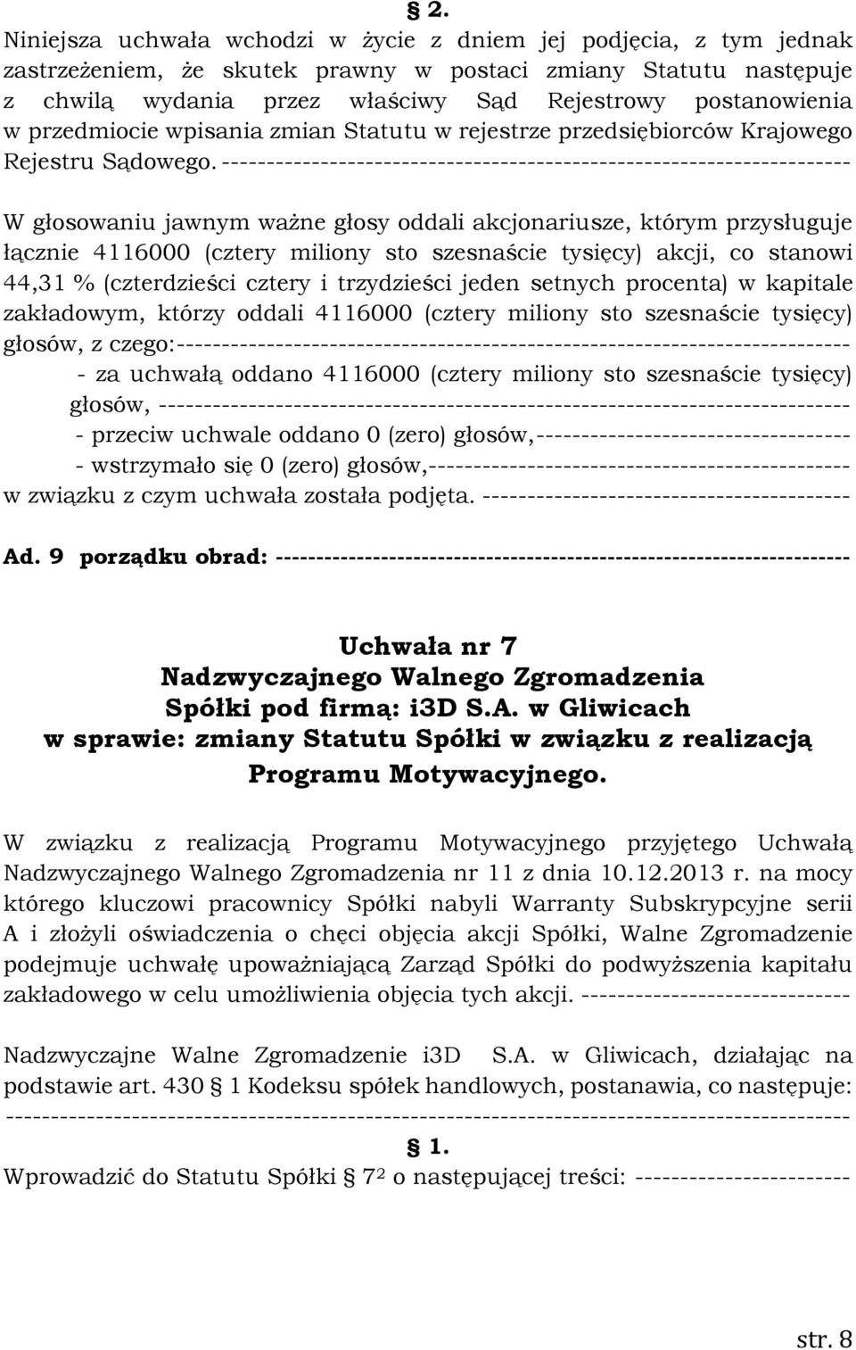 ---------------------------------------------------------------------- W głosowaniu jawnym ważne głosy oddali akcjonariusze, którym przysługuje zakładowym, którzy oddali 4116000 (cztery miliony sto