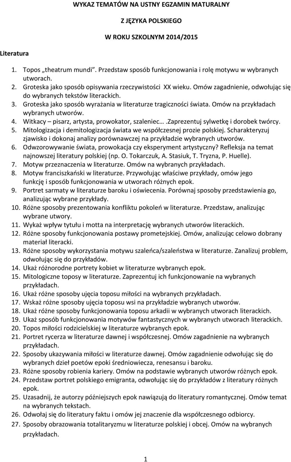 Witkacy pisarz, artysta, prowokator, szaleniec.zaprezentuj sylwetkę i dorobek twórcy. 5. Mitologizacja i demitologizacja świata we współczesnej prozie polskiej.