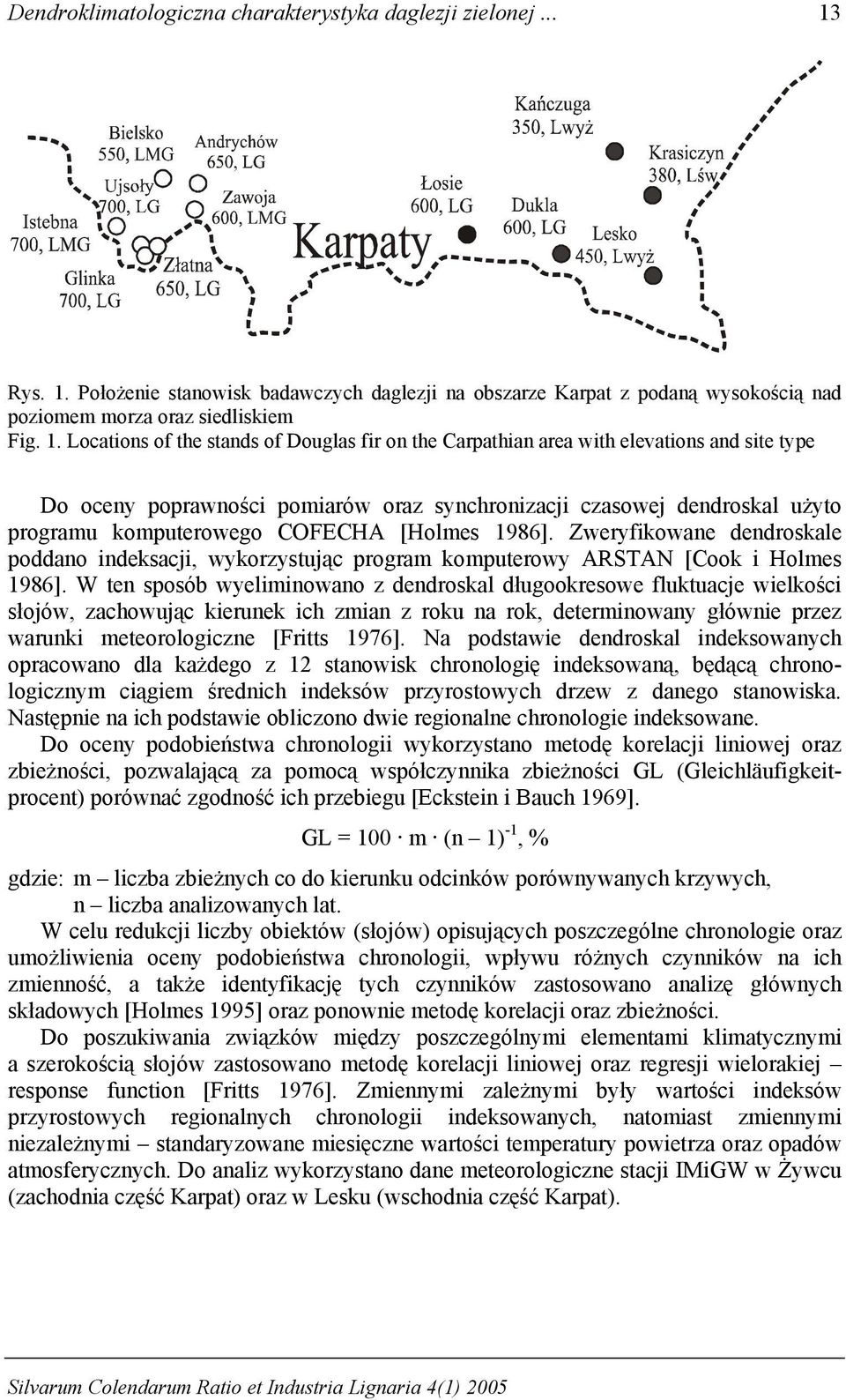 Położenie stanowisk badawczych daglezji na obszarze Karpat z podaną wysokością nad poziomem morza oraz siedliskiem Fig. 1.