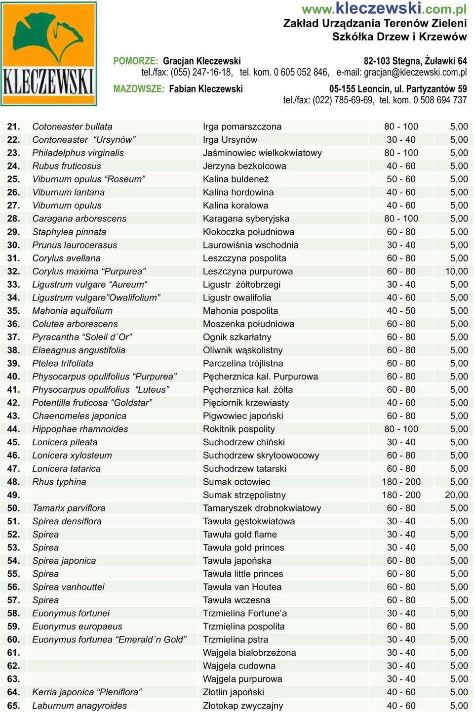 Caragana arborescens Karagana syberyjska 80-100 5,00 29. Staphylea pinnata Kłokoczka południowa 60-80 5,00 30. Prunus laurocerasus Laurowiśnia wschodnia 30-40 5,00 31.