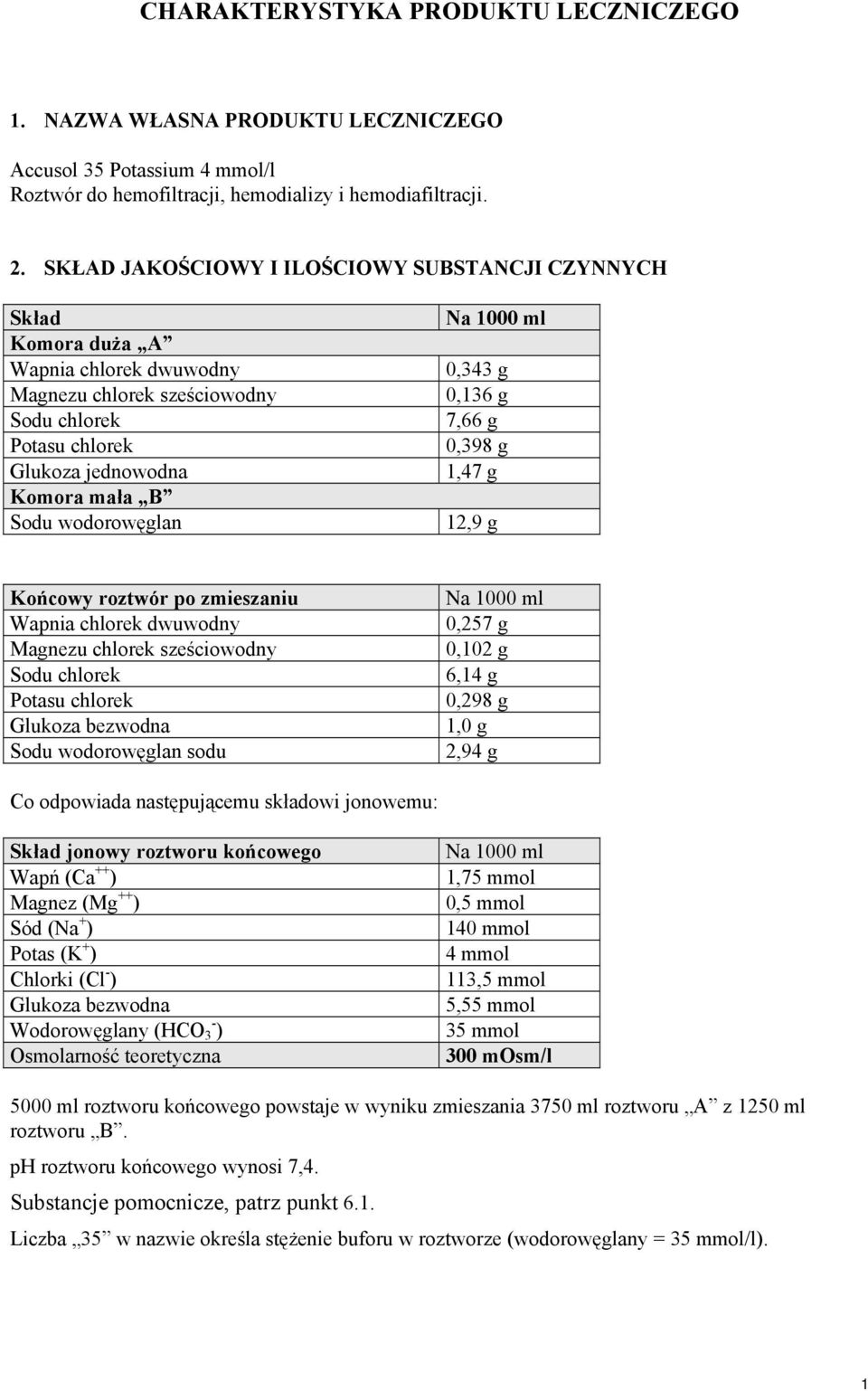 wodorowęglan Na 1000 ml 0,343 g 0,136 g 7,66 g 0,398 g 1,47 g 12,9 g Końcowy roztwór po zmieszaniu Wapnia chlorek dwuwodny Magnezu chlorek sześciowodny Sodu chlorek Potasu chlorek Glukoza bezwodna