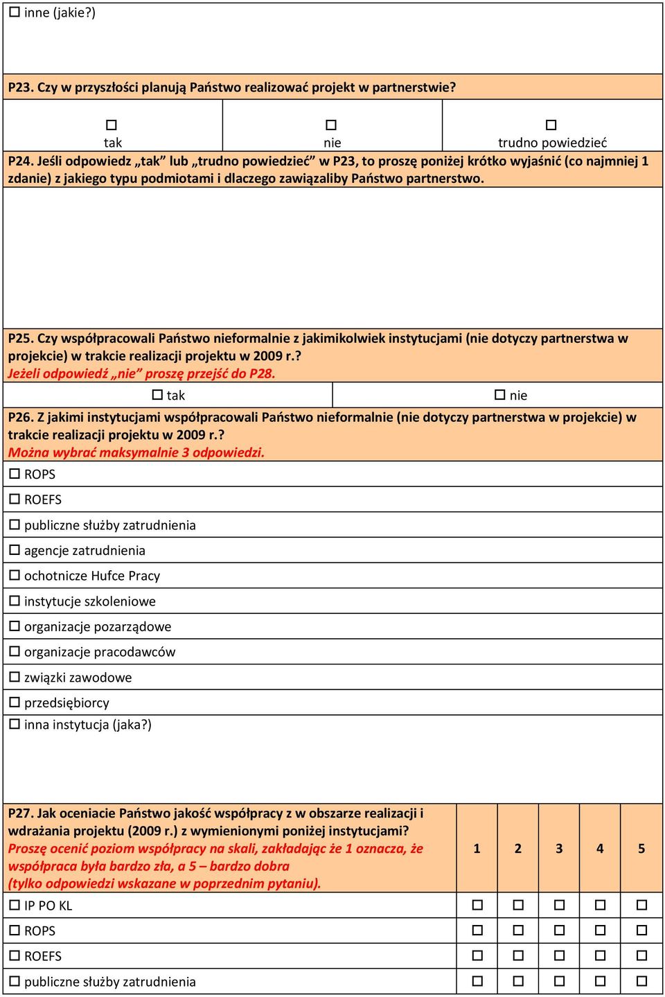 Czy współpracowali Państwo nieformalnie z jakimikolwiek instytucjami (nie dotyczy partnerstwa w projekcie) w trakcie realizacji projektu w 2009 r.? Jeżeli odpowiedź nie proszę przejść do P28.