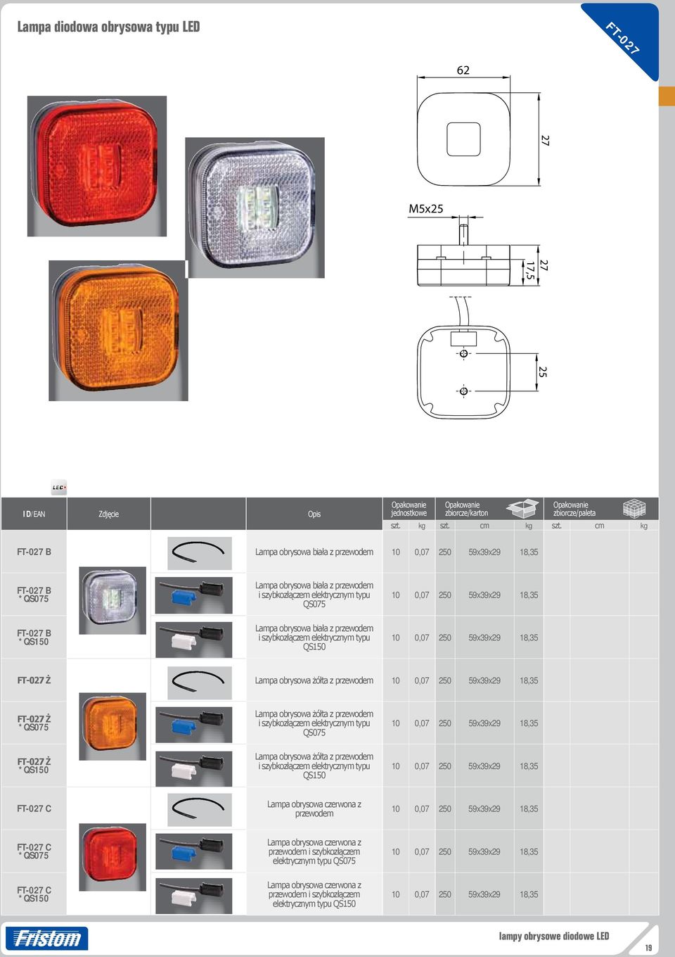 18,35 FT-027 Ż FT-027 Ż Lampa obrysowa żółta z przewodem QS075 Lampa obrysowa żółta z przewodem QS150 10 0,07 250 59x39x29 18,35 10 0,07 250 59x39x29 18,35 FT-027 C