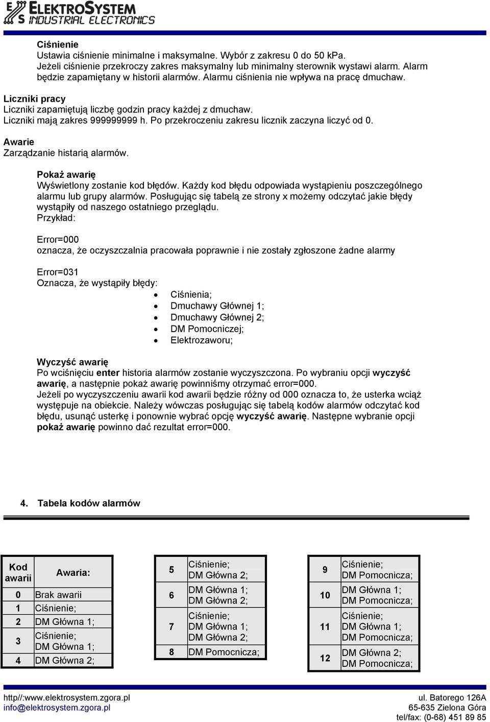 Po przekroczeniu zakresu licznik zaczyna liczyć od 0. Awarie Zarządzanie histarią alarmów. Pokaż awarię Wyświetlony zostanie kod błędów.