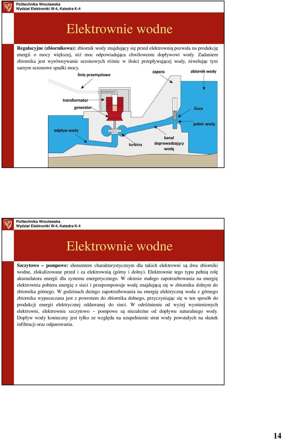 Elektrownie wodne Szczytowo pompowe: elementem charakterystycznym dla takich elektrowni są dwa zbiorniki wodne, zlokalizowane przed i za elektrownią (górny i dolny).