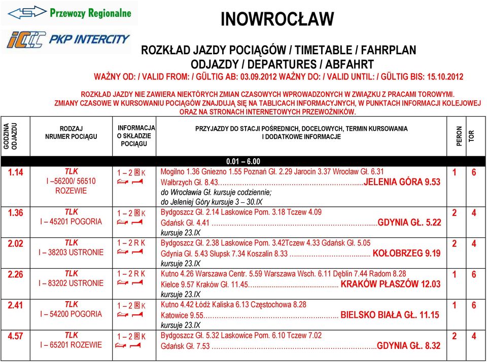 ZMIANY CZASOWE W URSOWANIU POCIĄGÓW ZNAJDUJĄ SIĘ NA TABLICACH INFORMACYJNYCH, W PUNTACH INFORMACJI OLEJOWEJ ORAZ NA STRONACH INTERNETOWYCH PRZEWOŹNIÓW.