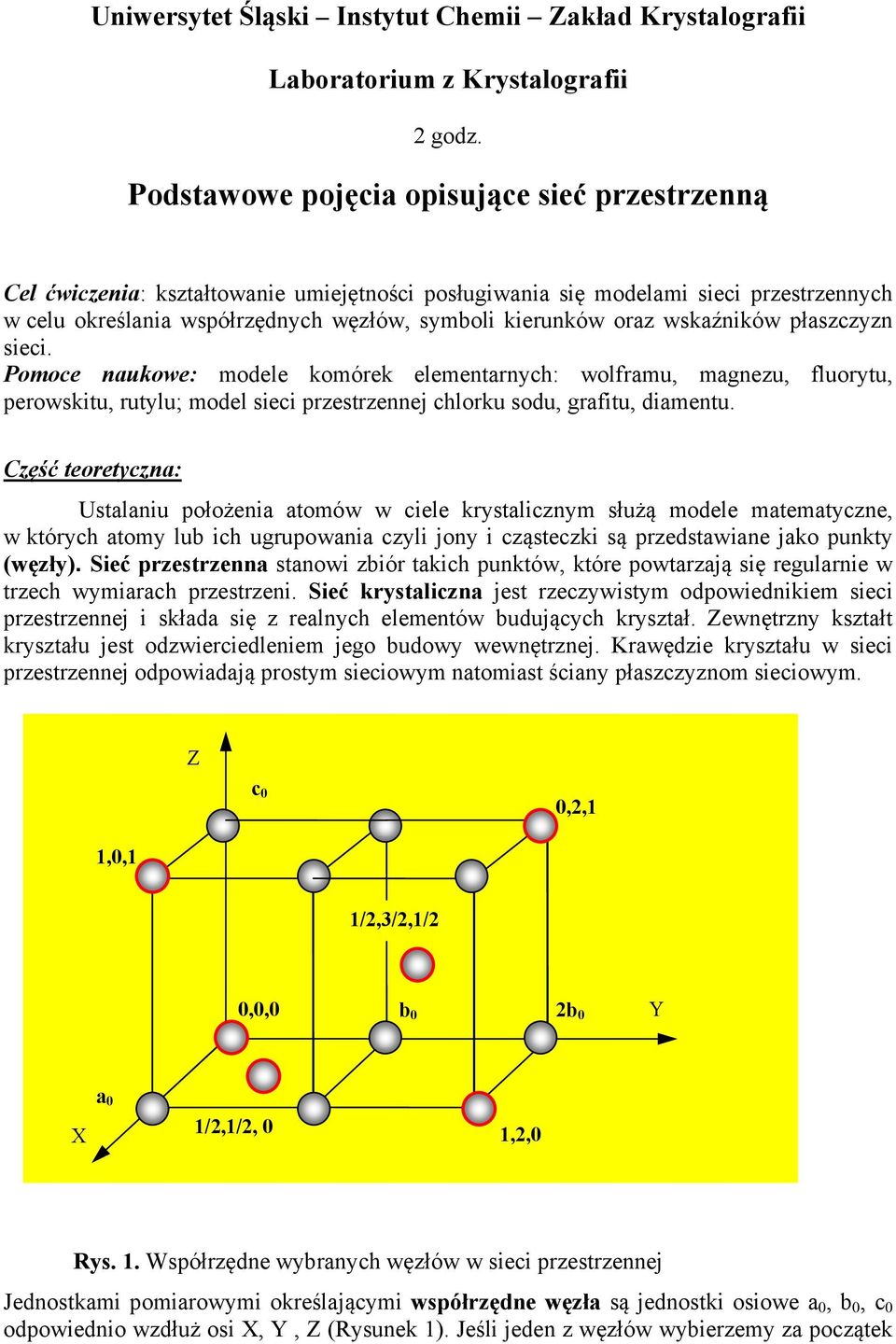 wskaźników płaszczyzn sieci. Pomoce naukowe: modele komórek elementarnych: wolframu, magnezu, fluorytu, perowskitu, rutylu; model sieci przestrzennej chlorku sodu, grafitu, diamentu.