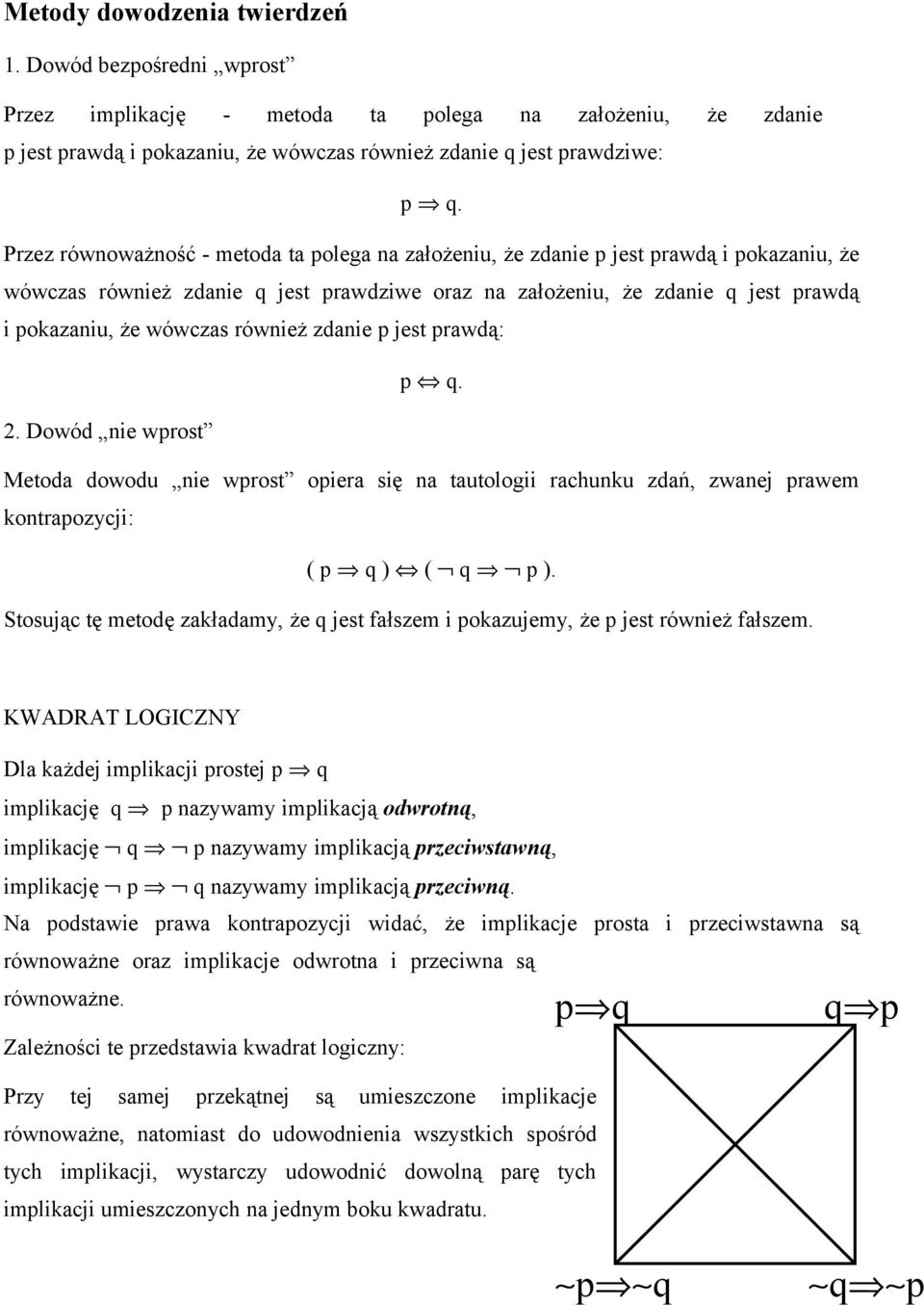 również zdanie p jest prawdą: p q. 2. Dowód nie wprost Metoda dowodu nie wprost opiera się na tautologii rachunku zdań, zwanej prawem kontrapozycji: ( p q ) ( q p ).