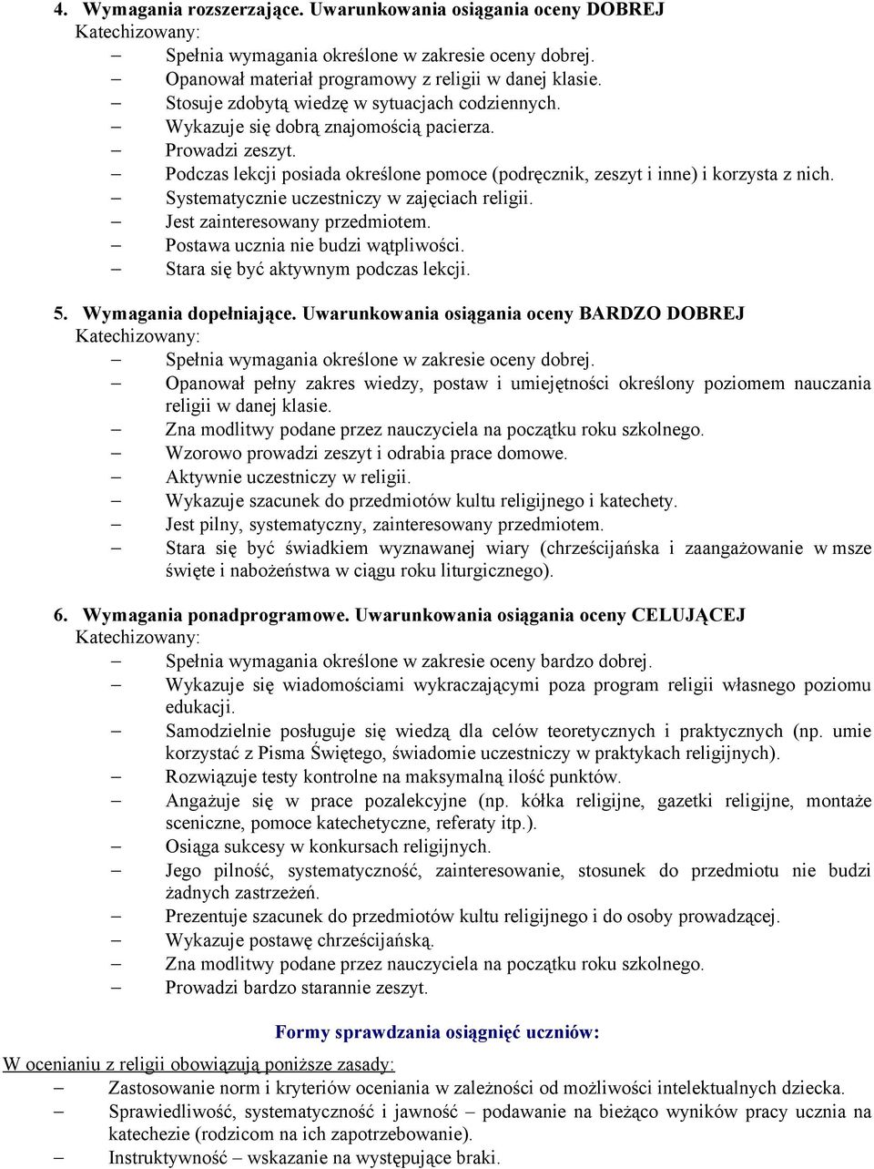 Systematycznie uczestniczy w zajęciach religii. Jest zainteresowany przedmiotem. Postawa ucznia nie budzi wątpliwości. Stara się być aktywnym podczas lekcji. 5. Wymagania dopełniające.