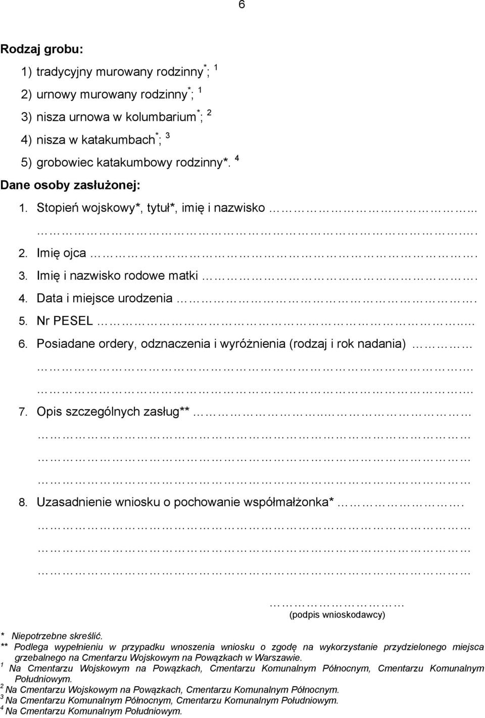 Posiadane ordery, odznaczenia i wyróżnienia (rodzaj i rok nadania).. 7. Opis szczególnych zasług**.. 8. Uzasadnienie wniosku o pochowanie współmałżonka*. (podpis wnioskodawcy) * Niepotrzebne skreślić.