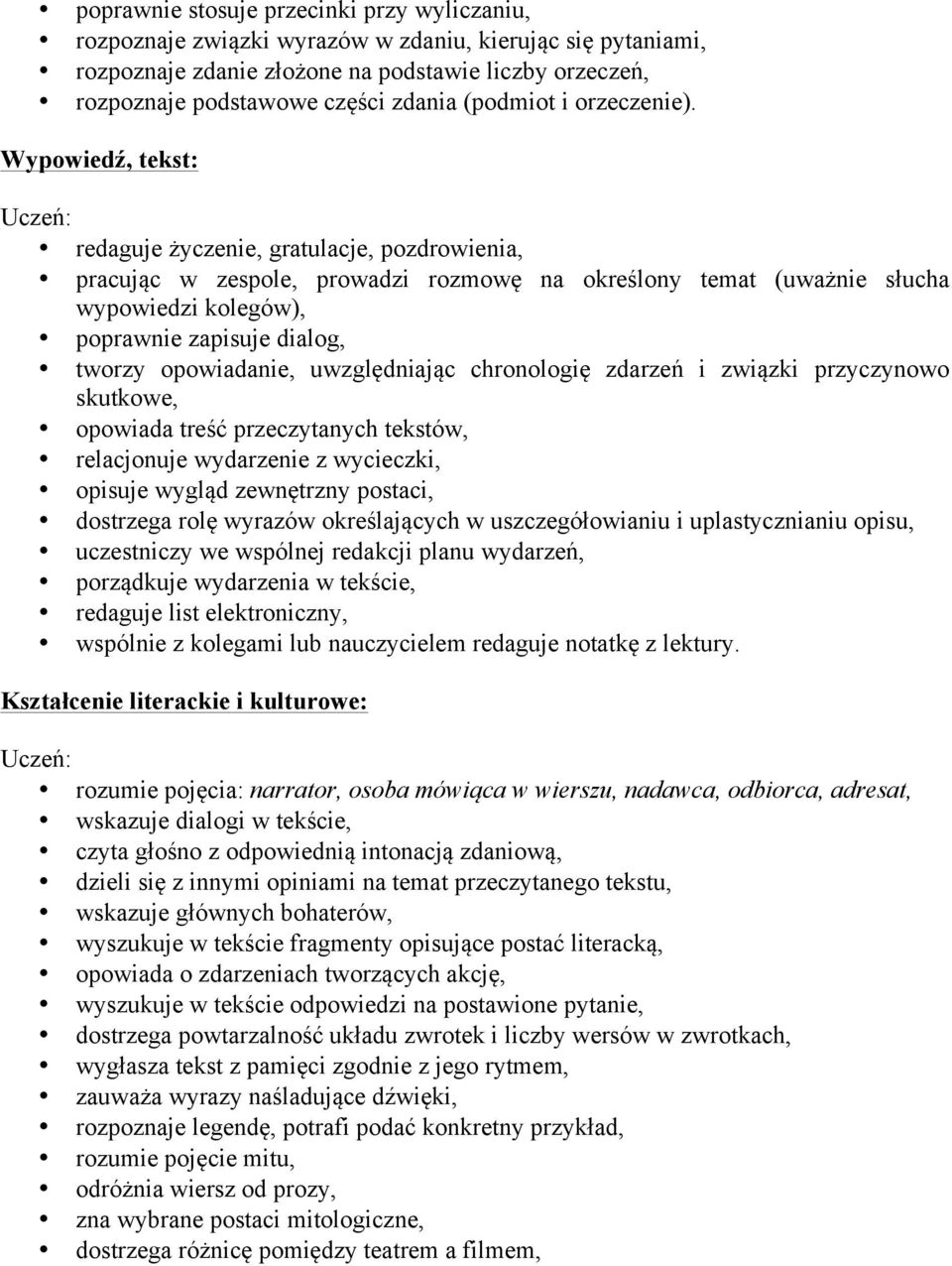 redaguje życzenie, gratulacje, pozdrowienia, pracując w zespole, prowadzi rozmowę na określony temat (uważnie słucha wypowiedzi kolegów), poprawnie zapisuje dialog, tworzy opowiadanie, uwzględniając