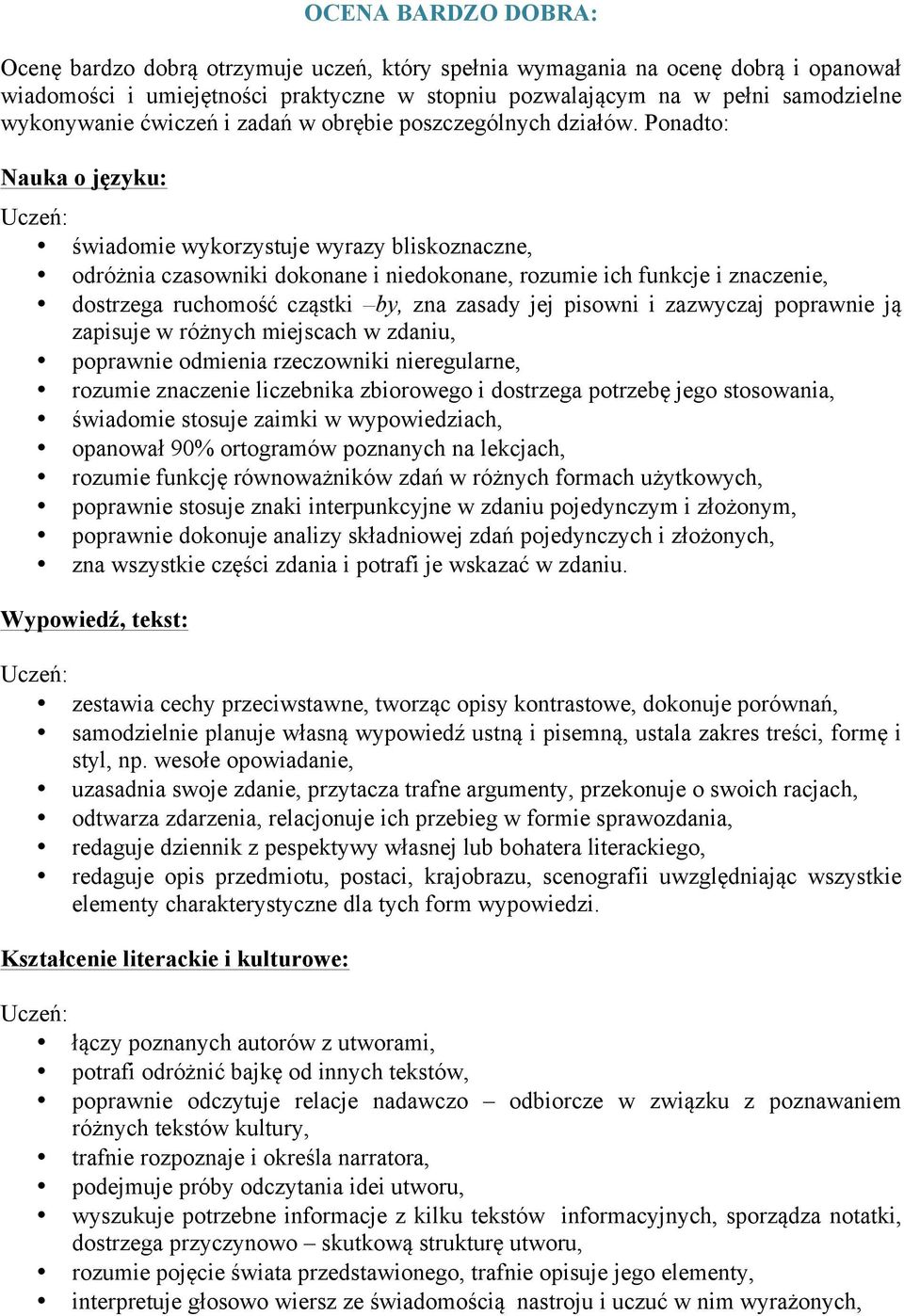 Ponadto: świadomie wykorzystuje wyrazy bliskoznaczne, odróżnia czasowniki dokonane i niedokonane, rozumie ich funkcje i znaczenie, dostrzega ruchomość cząstki by, zna zasady jej pisowni i zazwyczaj