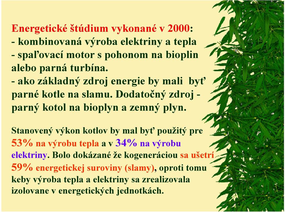 Stanovený výkon kotlov by mal byť použitý pre 53% na výrobu tepla a v 34% na výrobu elektriny.