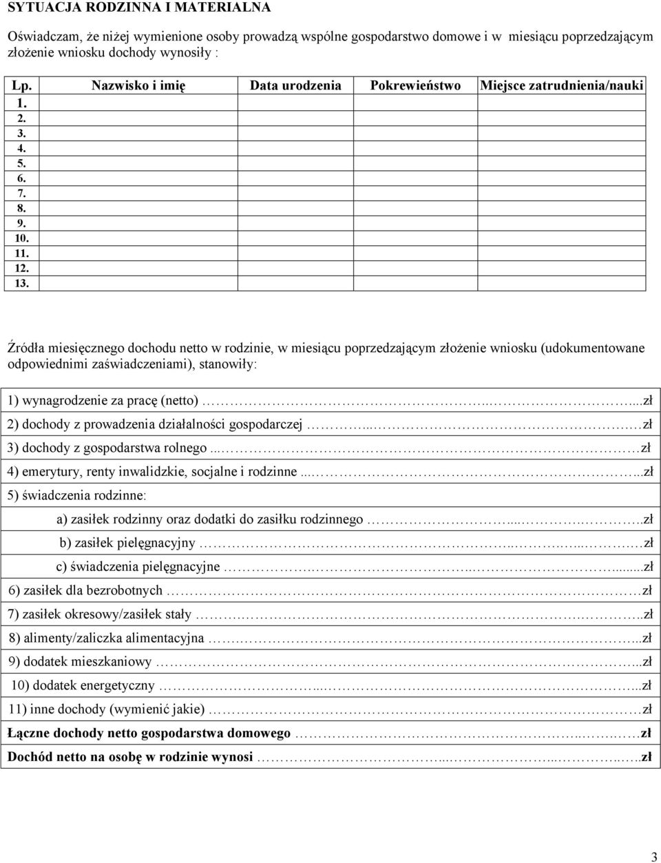 Źródła miesięcznego dochodu netto w rodzinie, w miesiącu poprzedzającym złożenie wniosku (udokumentowane odpowiednimi zaświadczeniami), stanowiły: 1) wynagrodzenie za pracę (netto).