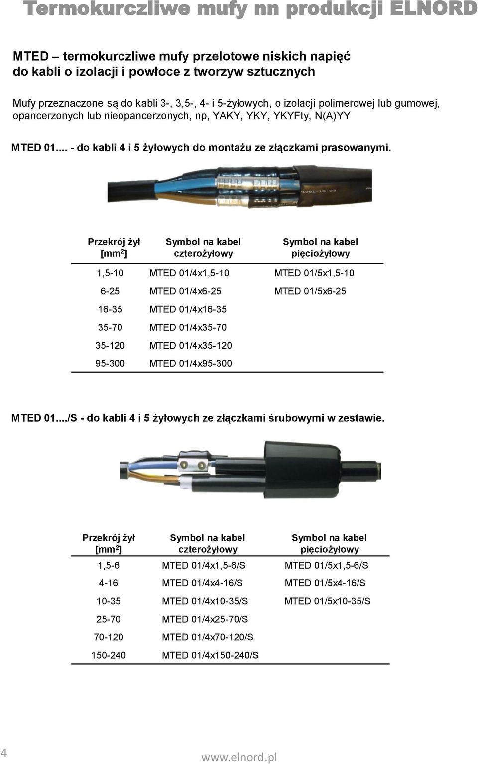 Przekrój żył [mm 2 ] Symbol na kabel czterożyłowy Symbol na kabel pięciożyłowy 1,5-10 MTED 01/4x1,5-10 MTED 01/5x1,5-10 6-25 MTED 01/4x6-25 MTED 01/5x6-25 16-35 MTED 01/4x16-35 35-70 MTED 01/4x35-70